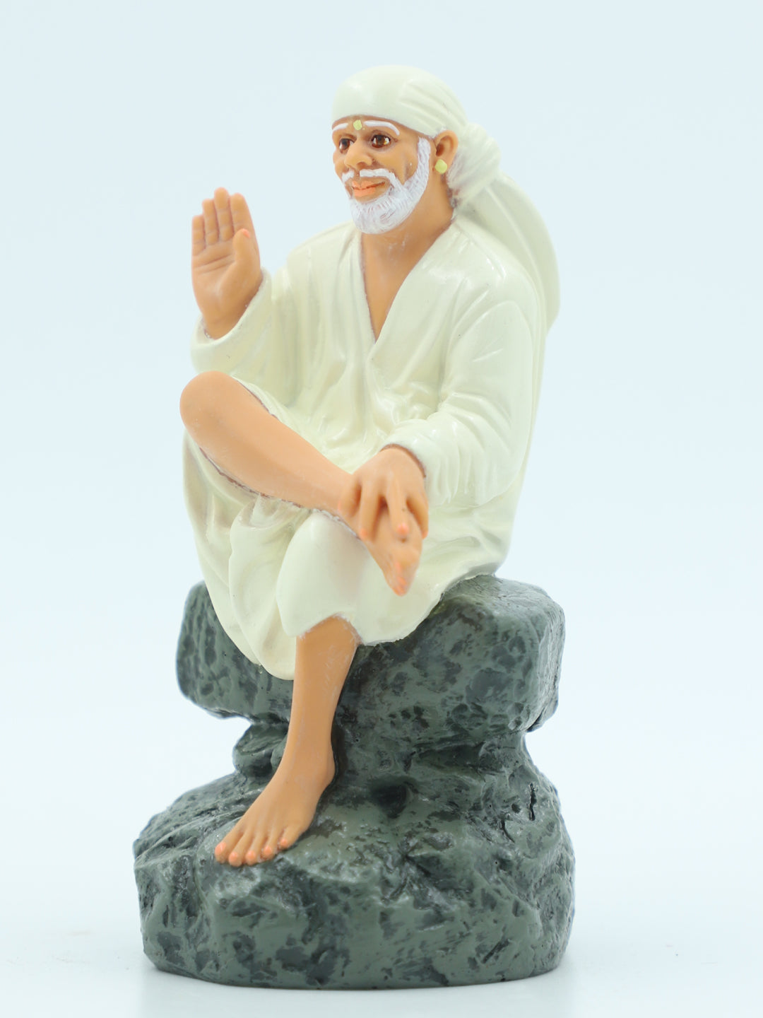 🙏 Hemant Art Shirdi Sai Baba Idol🛕 – Sitting on Stone, Aashirwad Hand – 4.5 Inch (White ), Handcrafted Resin Murti