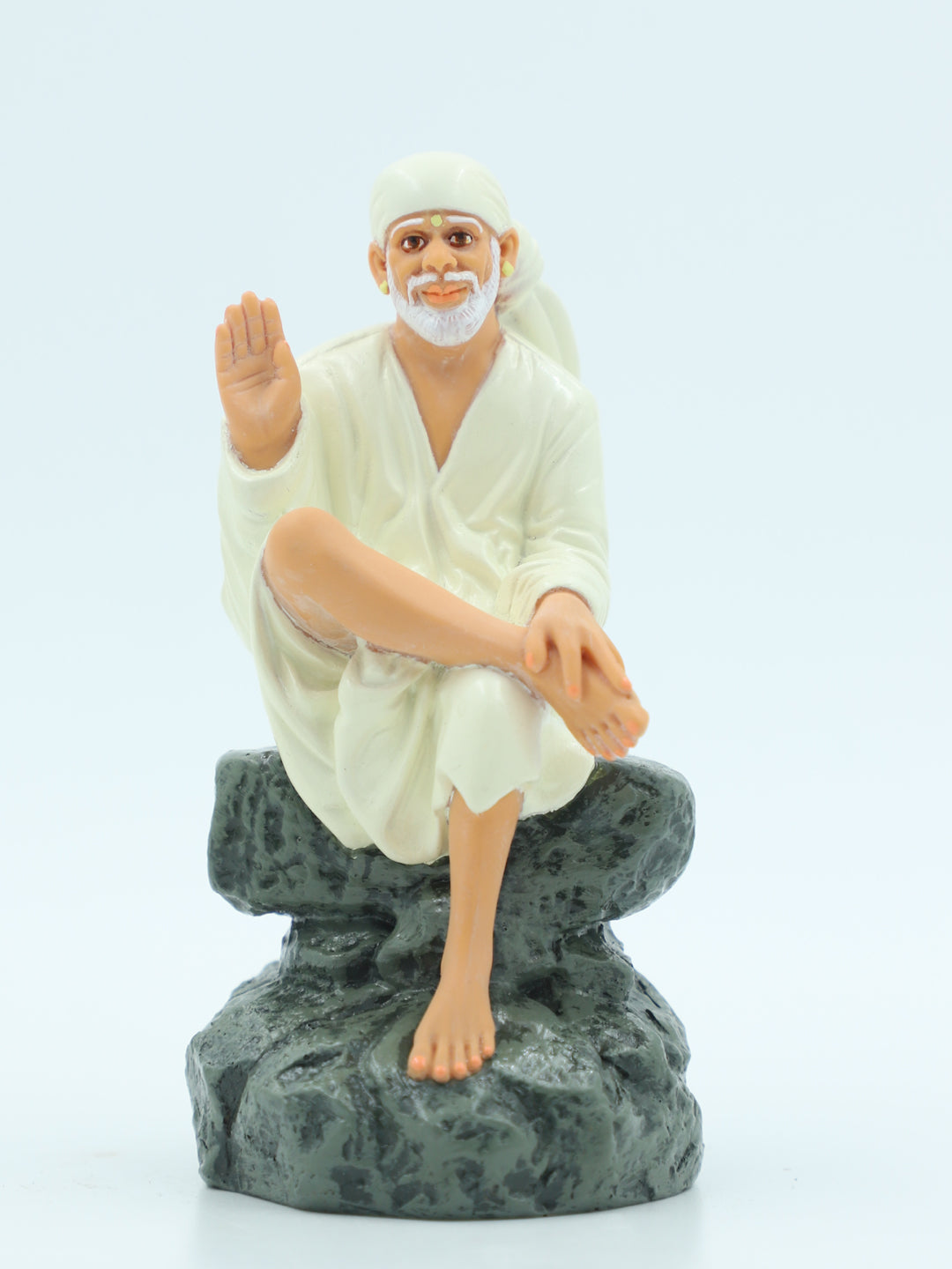 🙏 Hemant Art Shirdi Sai Baba Idol🛕 – Sitting on Stone, Aashirwad Hand – 4.5 Inch (White ), Handcrafted Resin Murti