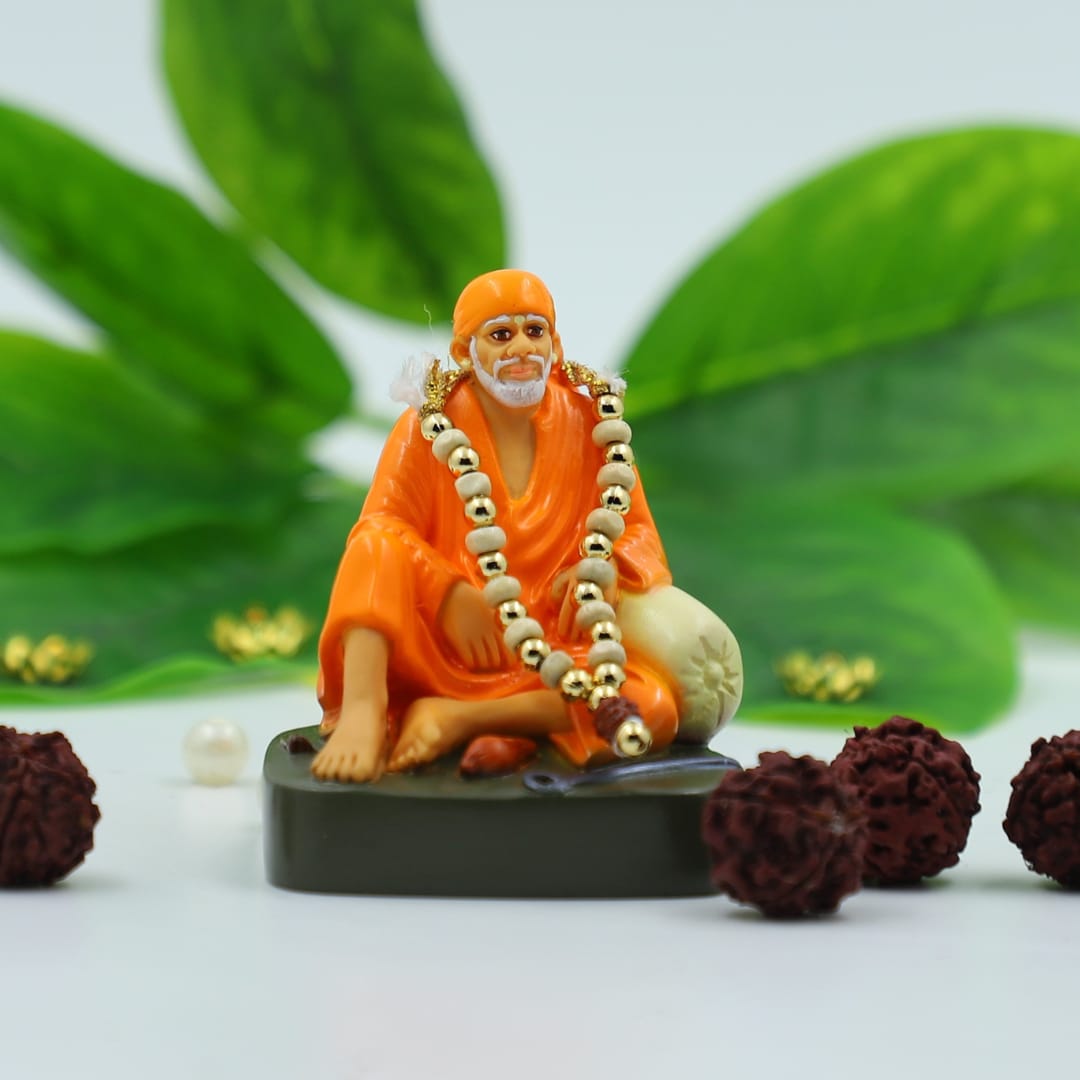 Hemant Art Shirdi Sai Baba Idol,Murti Dwarkamai Statue Sitting on Stone - 3.5 Inche Orange