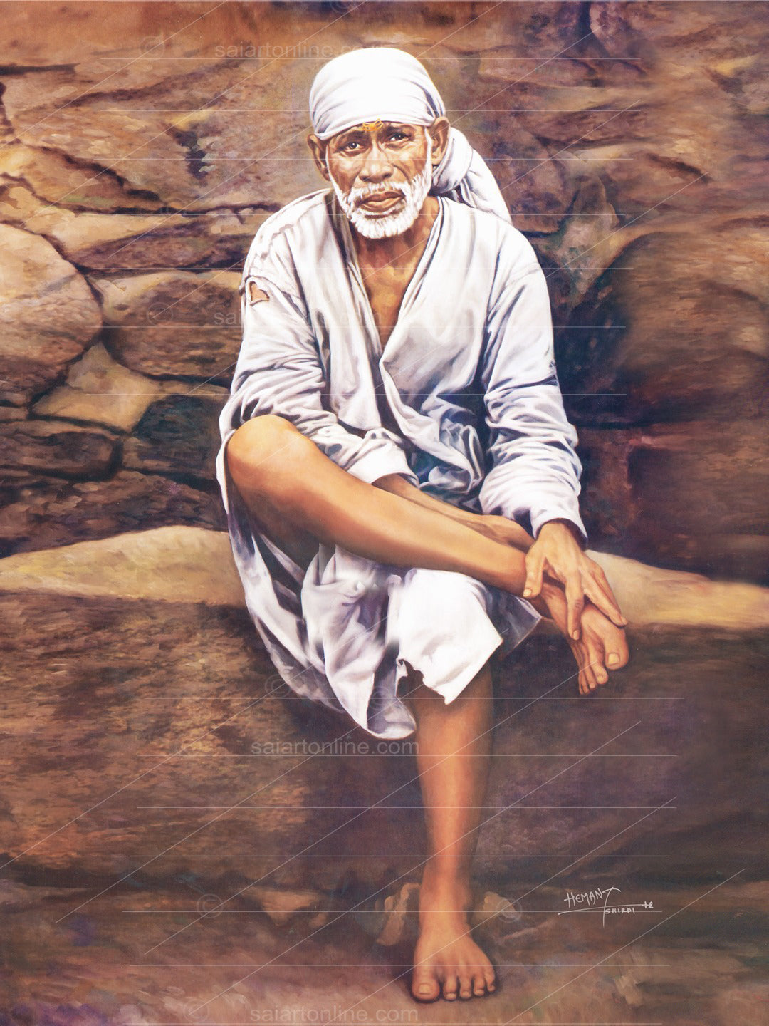 Shirdi Sai Baba Photo Sitting On Stone Hand Painting Canvas Reprint Wall Art Decor photo, Picture/Poster