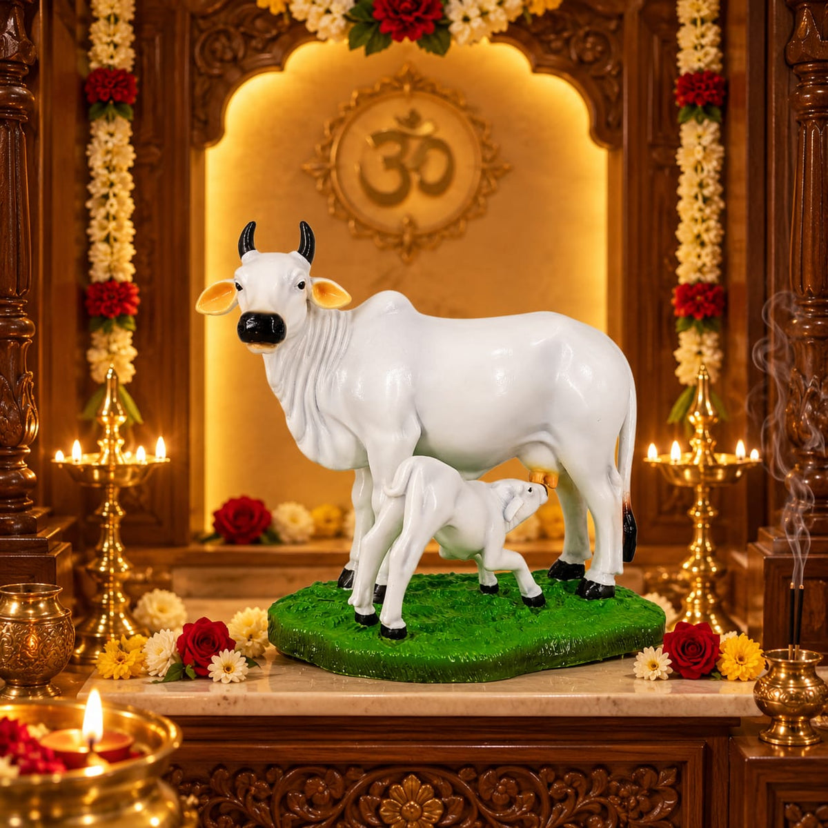 White Kamadhenu Cow & Calf Porcelain Statue | Hemant Art