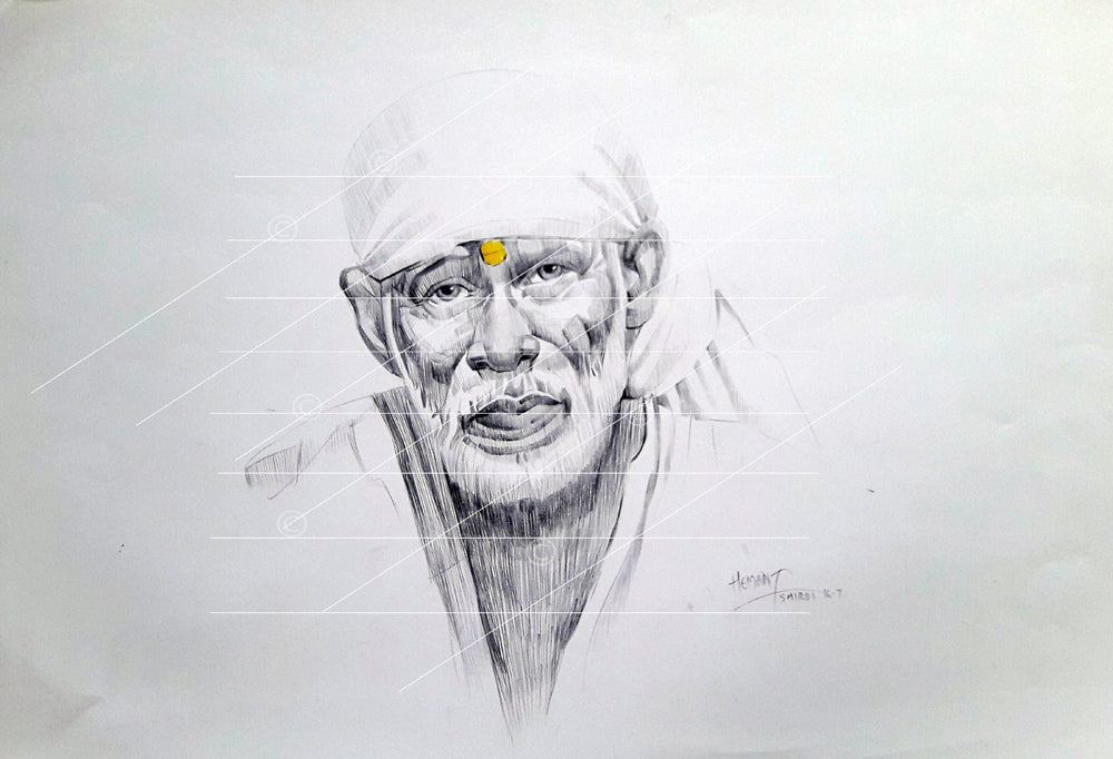 Hemant Art Shirdi Sai Baba Pencil Sketch on Paper | Handmade Sai Baba Photo | Sai Baba Canvas Reprint Poster