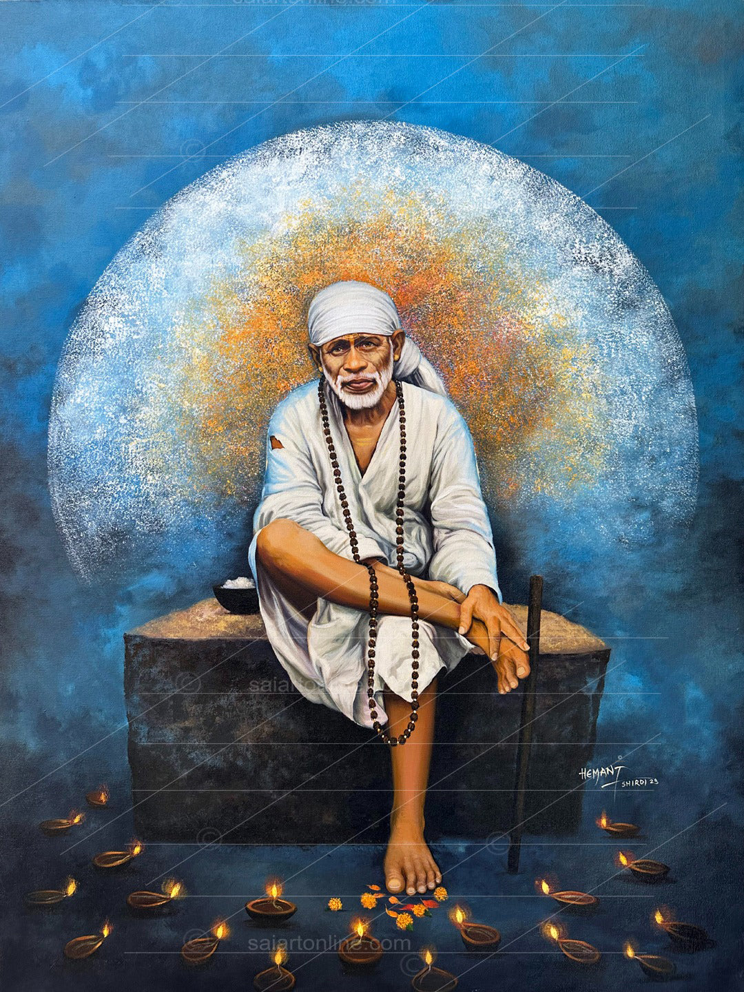 Shirdi Sai Baba Photo Sitting On Stone Hand Painting Canvas Reprint Wall Art Decor photo, Picture/Poster