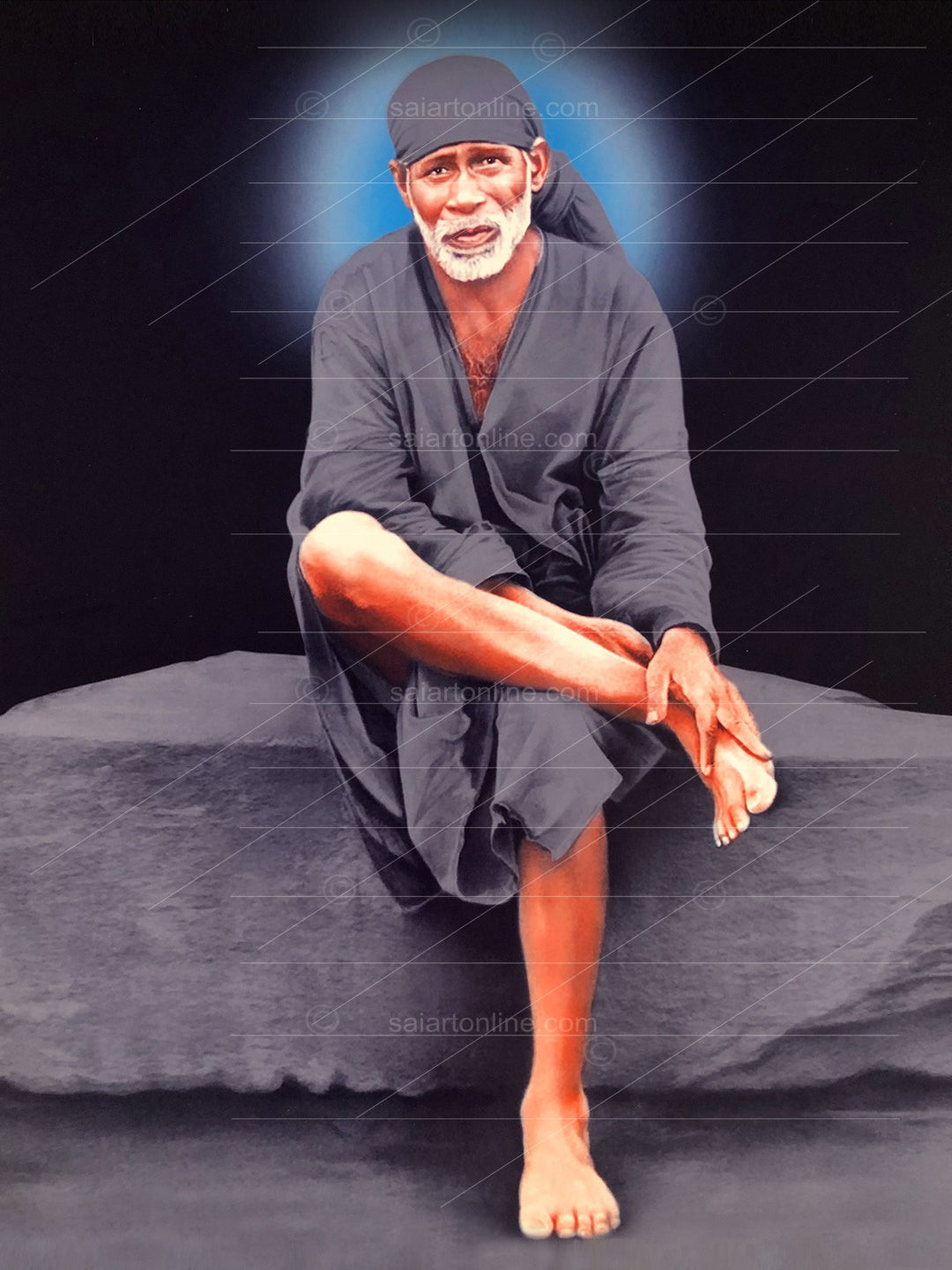 Shirdi Sai Baba Photo Sitting On Stone Hand Painting Canvas Reprint Wall Art Decor photo, Picture/Poster