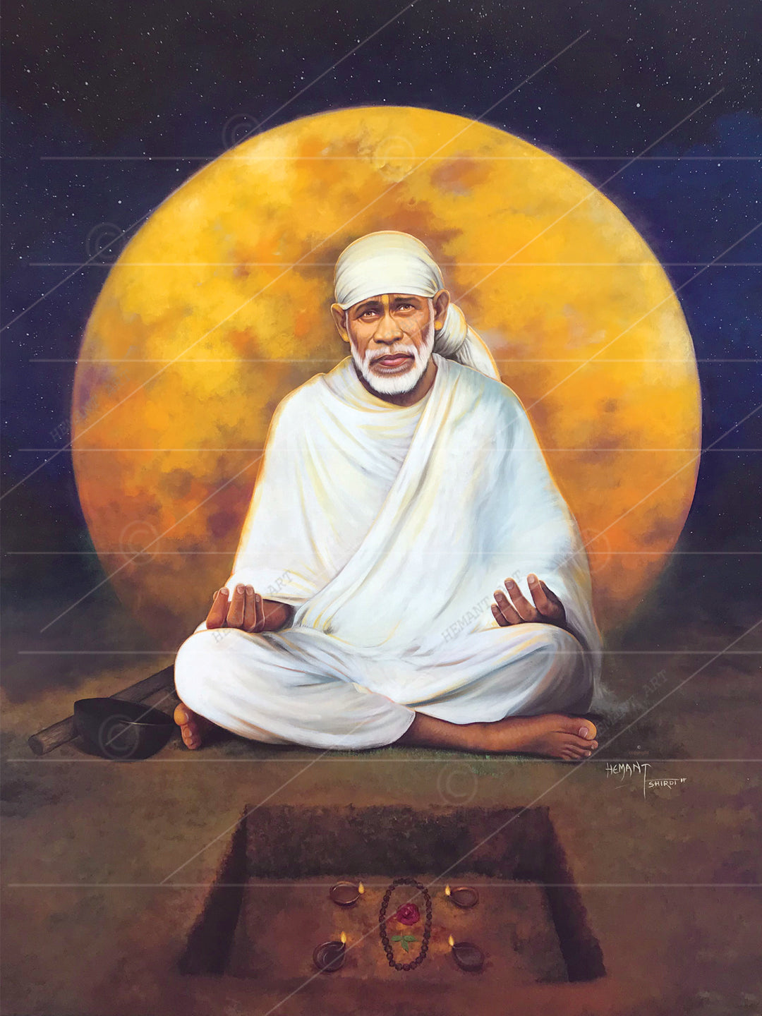 Saibaba Meditation Canvas Print, Yellow Moon