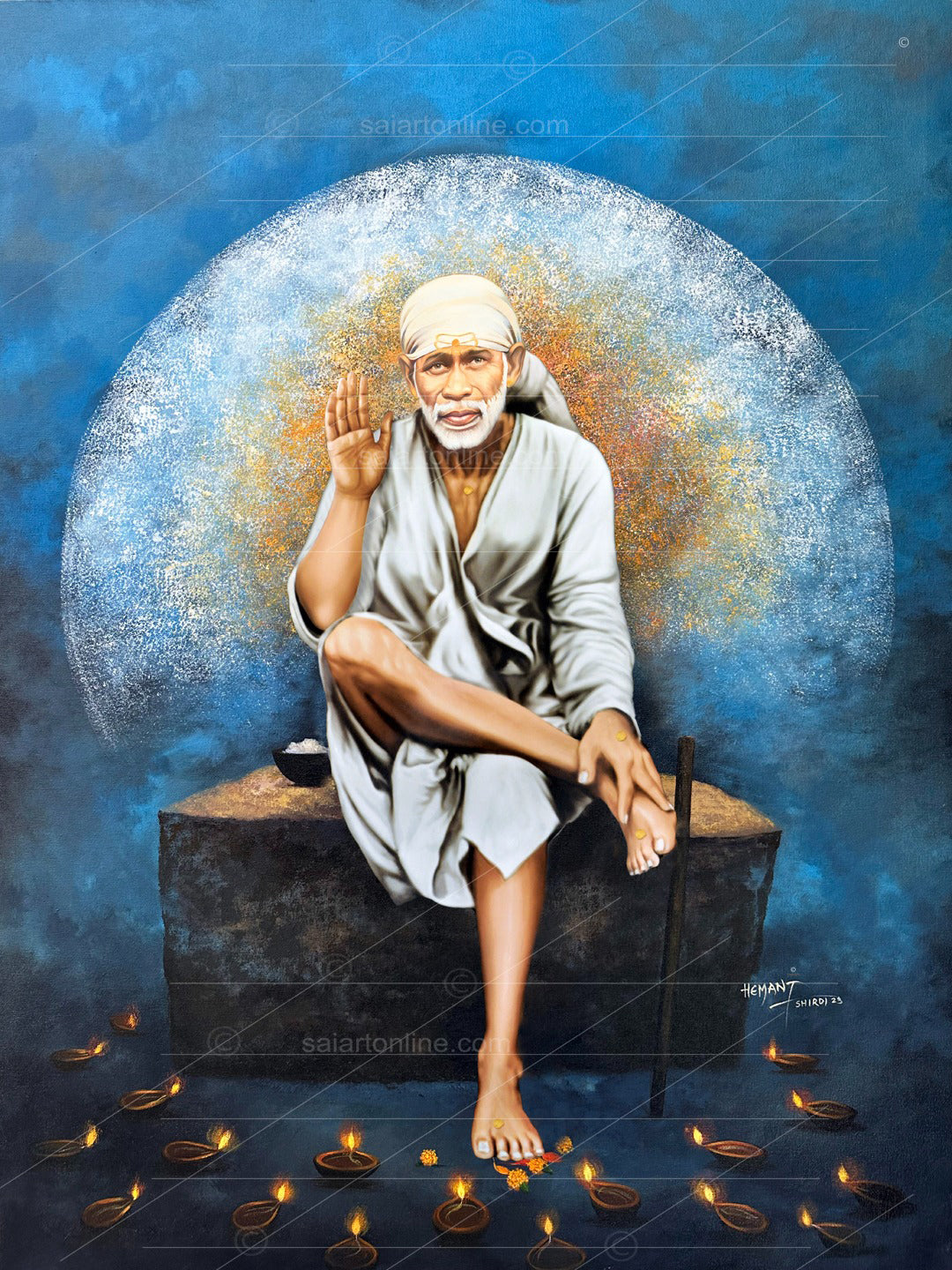 Shirdi Sai Baba Photo Sitting On Stone Hand Painting Canvas Reprint Wall Art Decor photo, Picture/Poster