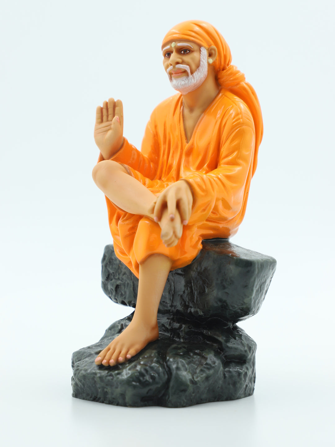 🙏 Hemant Art Shirdi Sai Baba Idol🛕 – Sitting on Stone, Aashirwad Hand – 6.5 Inch (Orange ), Handcrafted Resin Murti