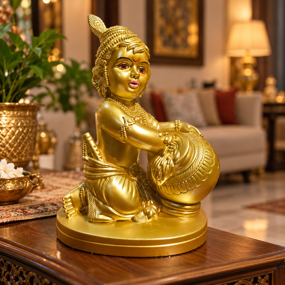 Baal Krishna With Makhan Handi Idol Gold Colour