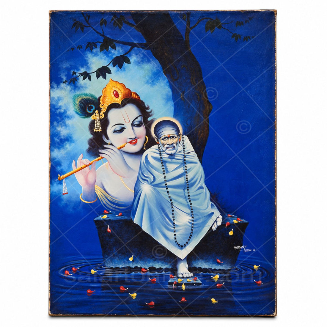 Blue Krishna & Saibaba Hand Painting