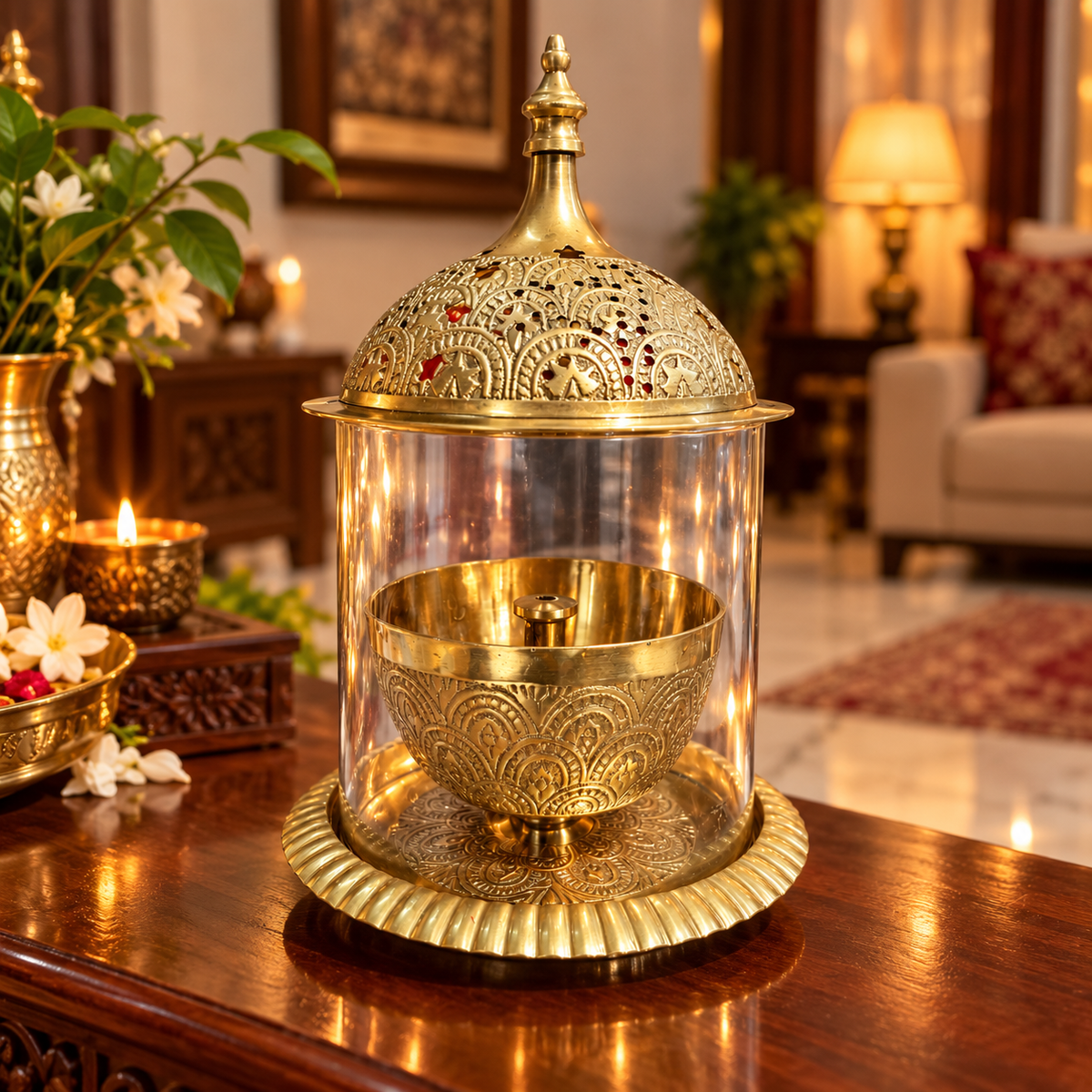 Brass Camphor Burner with Tomb Glass Cover