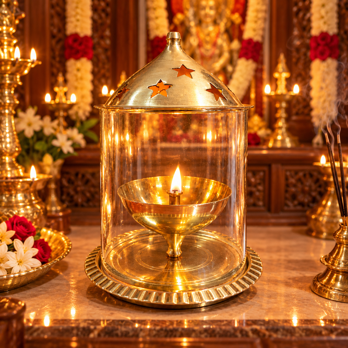 Brass Camphor Burner with Tomb Net Glass Cover