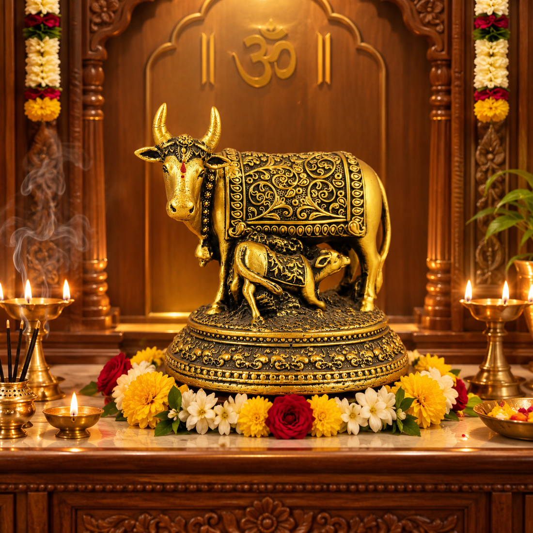 Golden Kamadhenu Cow & Calf Fibre Statue | Hemant Art