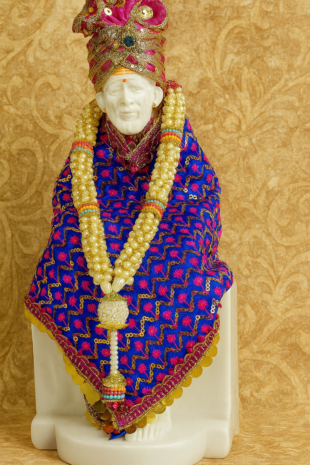 Sai Baba Embroidered Marble White Vastra & Poshak Dress with Pagadi – 12 Inch Hemant Art