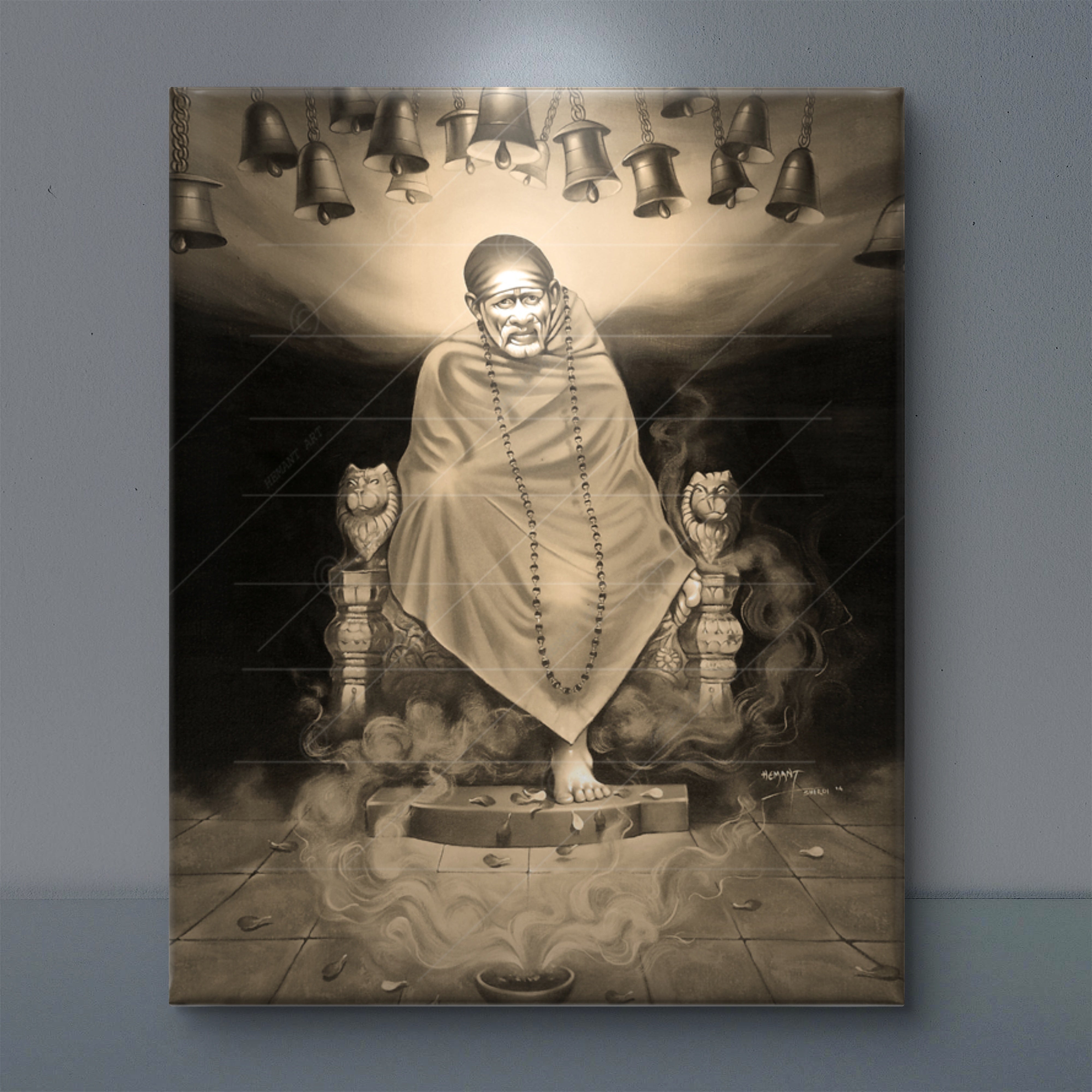 Saibaba Samadhi Canvas, B&W Singhasan with Bell