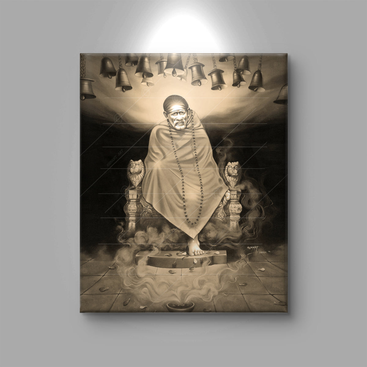 Saibaba Samadhi Canvas, B&W Singhasan with Bell