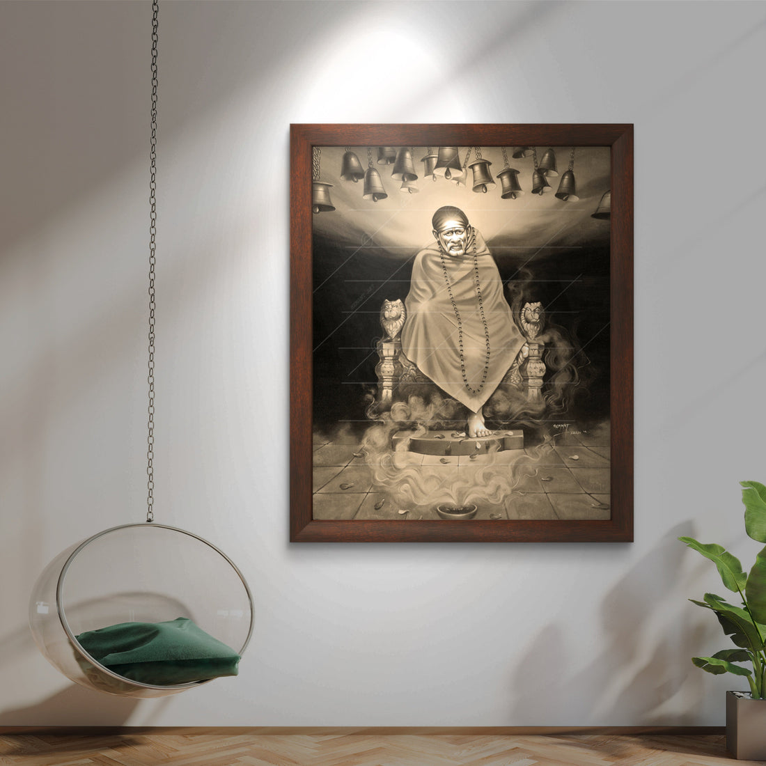 Saibaba Samadhi Canvas, B&W Singhasan with Bell