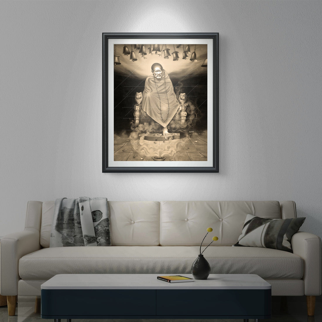 Saibaba Samadhi Canvas, B&W Singhasan with Bell