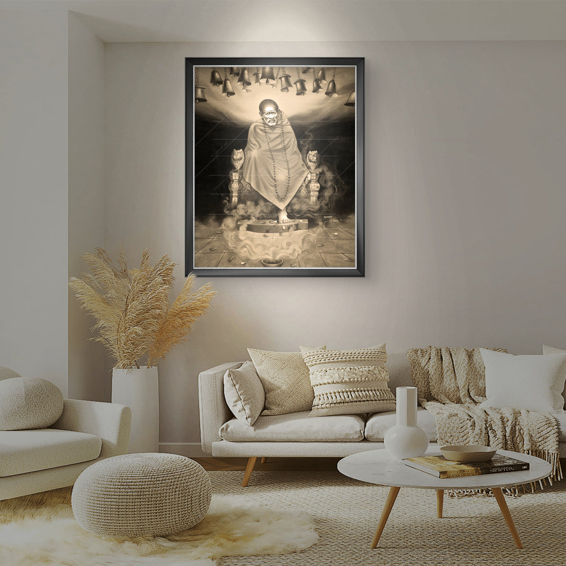 Saibaba Samadhi Canvas, B&W Singhasan with Bell