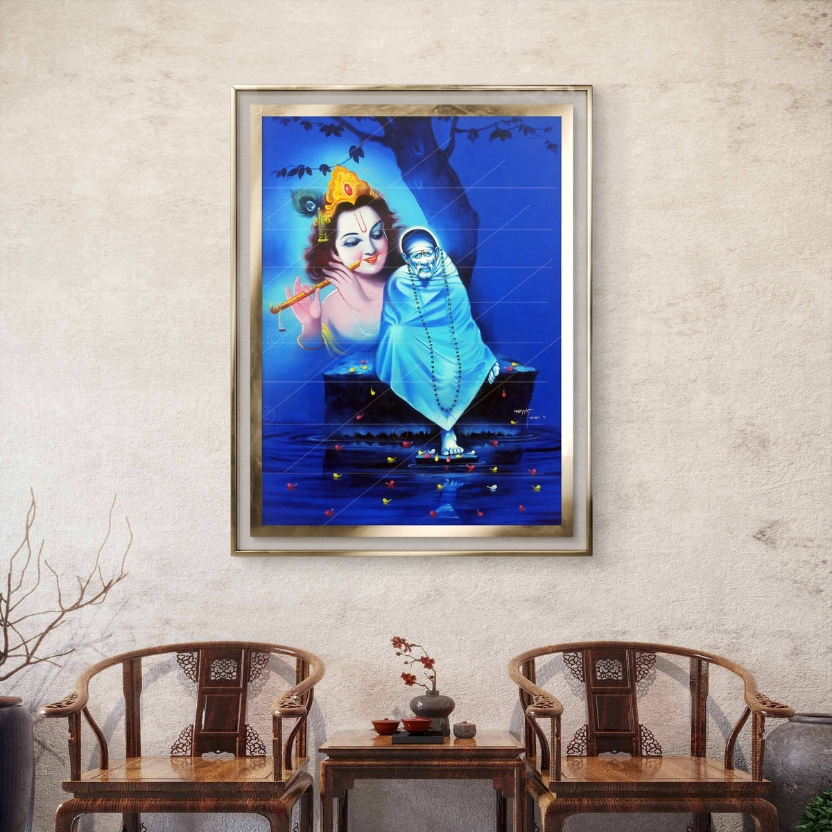 Saibaba & Krishna Samadhi Canvas, Blue