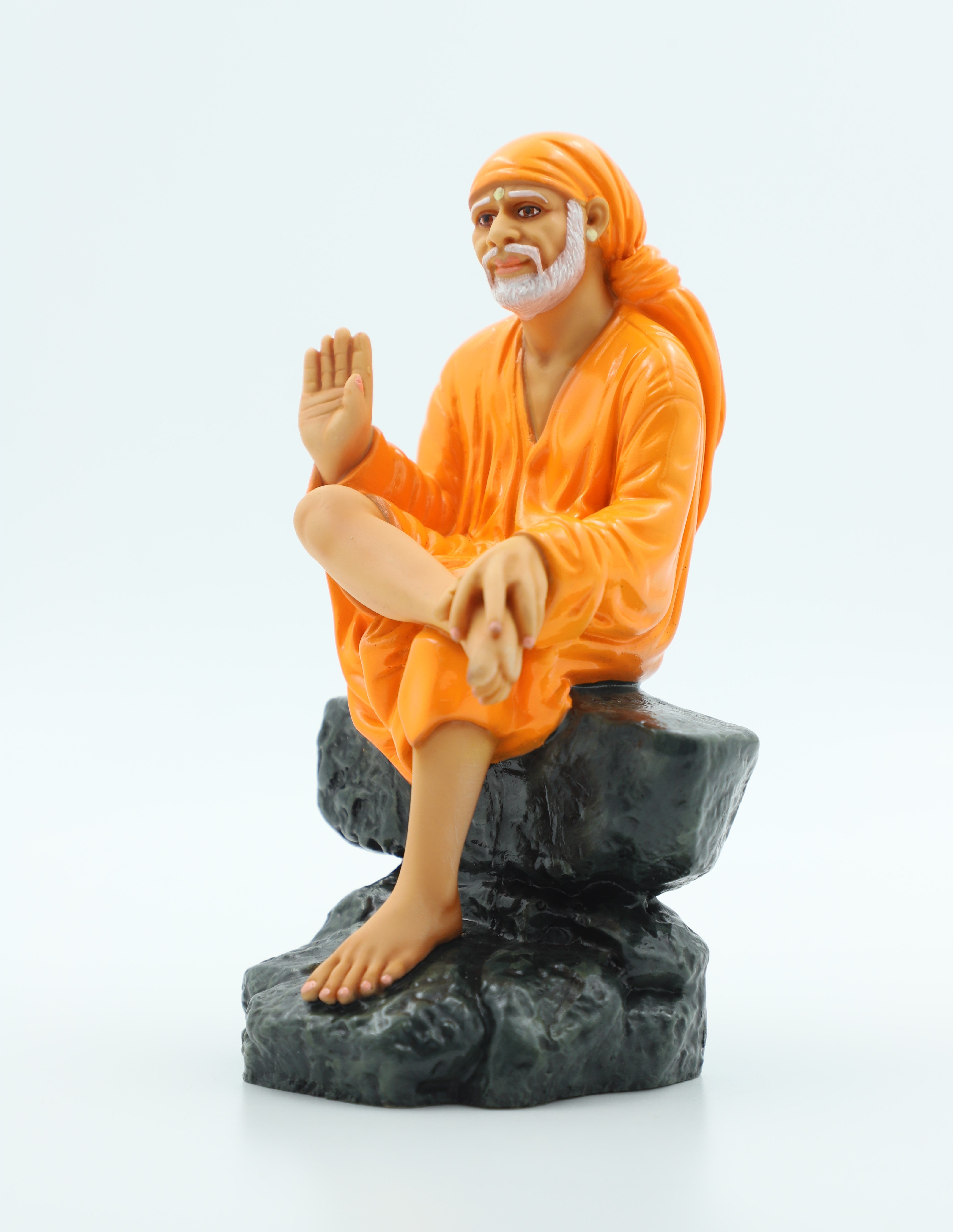 🙏 Hemant Art Shirdi Sai Baba Idol🛕 – Sitting on Stone, Aashirwad Hand – 6.5 Inch (White ), Handcrafted Resin Murti