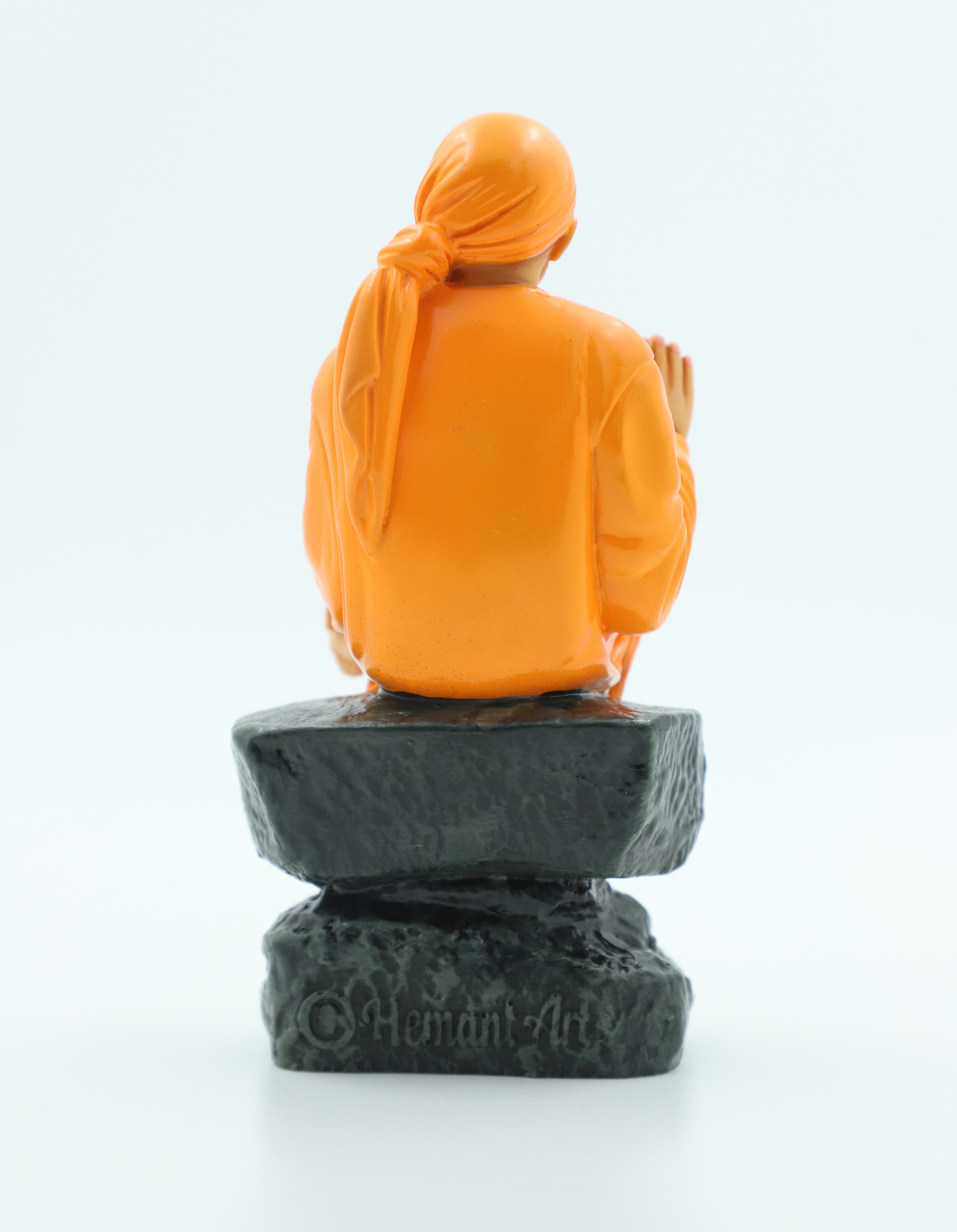 🙏 Hemant Art Shirdi Sai Baba Idol🛕 – Sitting on Stone, Aashirwad Hand – 6.5 Inch (White ), Handcrafted Resin Murti