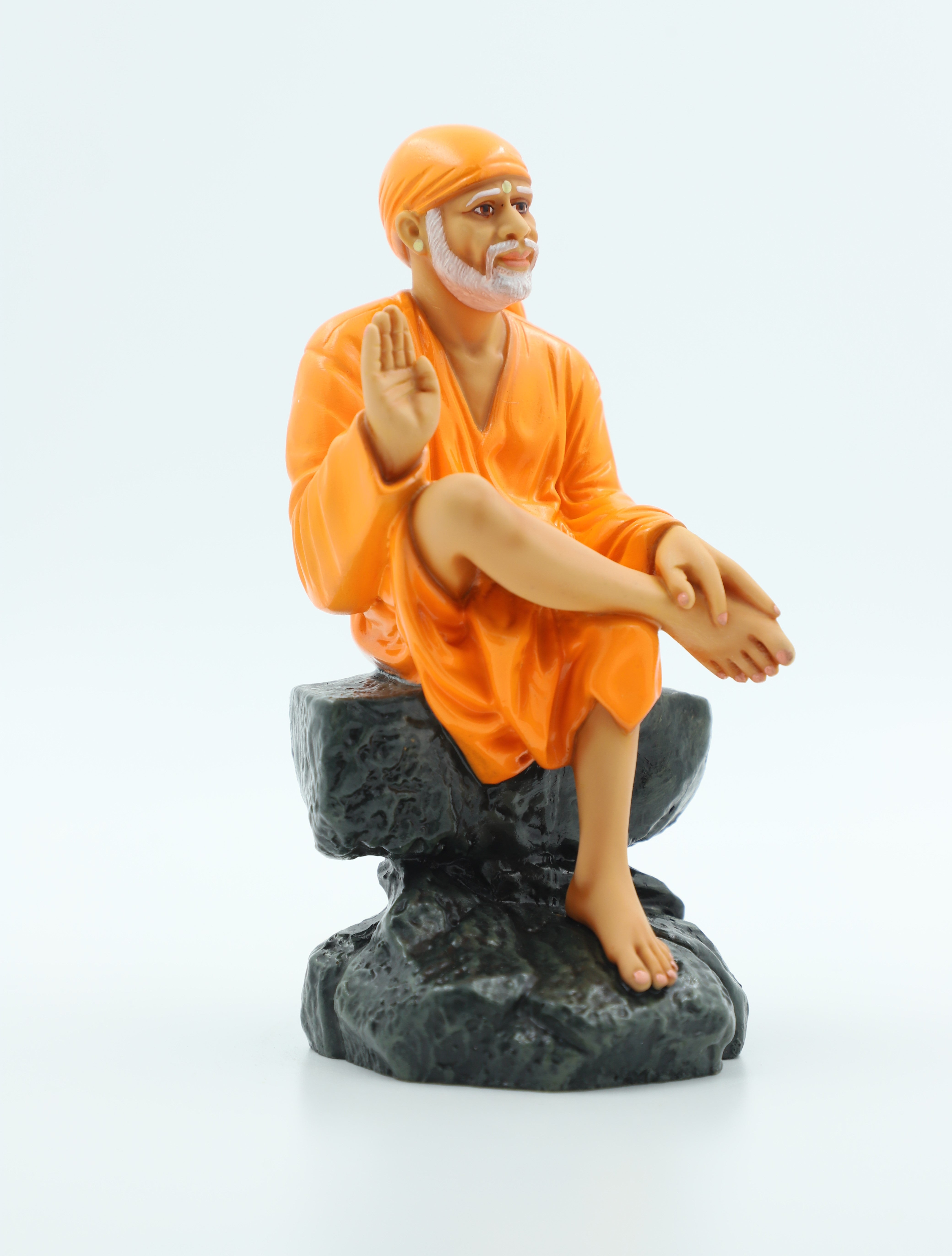 🙏 Hemant Art Shirdi Sai Baba Idol🛕 – Sitting on Stone, Aashirwad Hand – 6.5 Inch (White ), Handcrafted Resin Murti