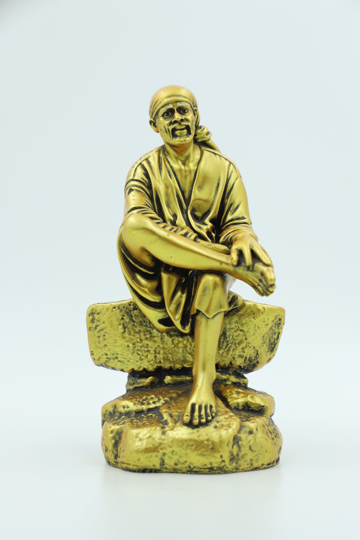 Saibaba Sitting on Stone Idol, Orange, 7.5  Inch Hemant Art