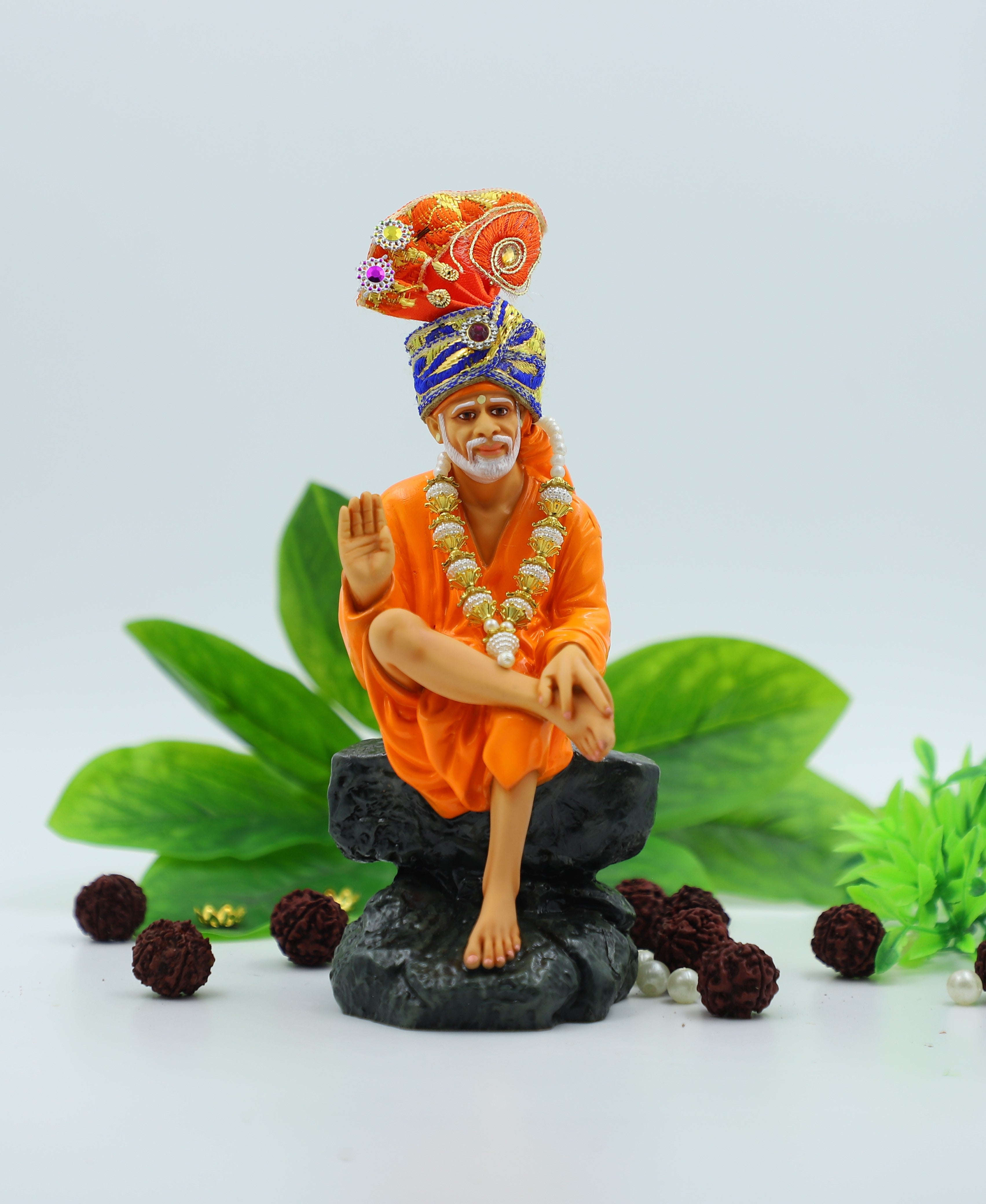 🙏 Hemant Art Shirdi Sai Baba Idol🛕 – Sitting on Stone, Aashirwad Hand – 6.5 Inch (White ), Handcrafted Resin Murti