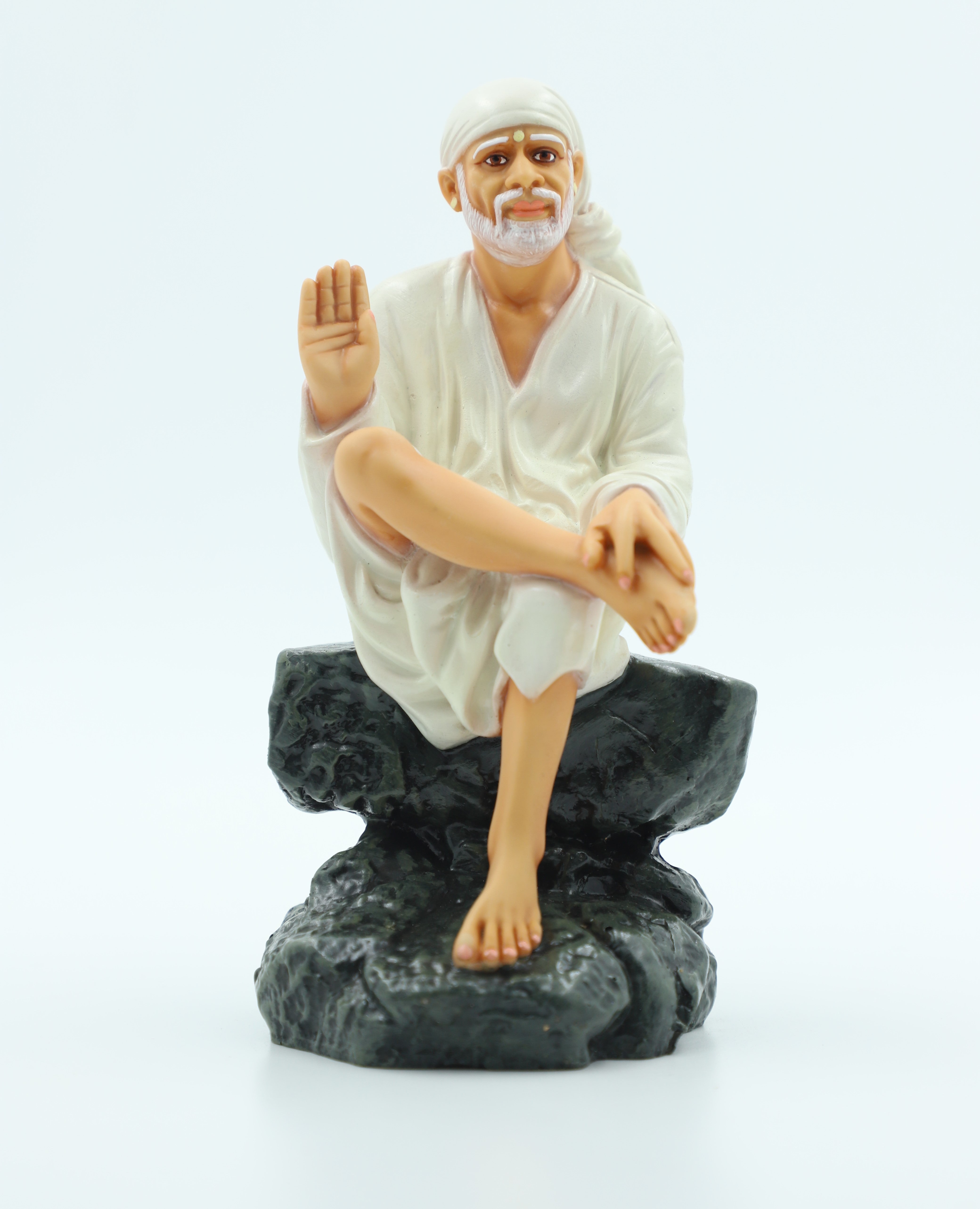 🙏 Hemant Art Shirdi Sai Baba Idol🛕 – Sitting on Stone, Aashirwad Hand – 6.5 Inch (White ), Handcrafted Resin Murti