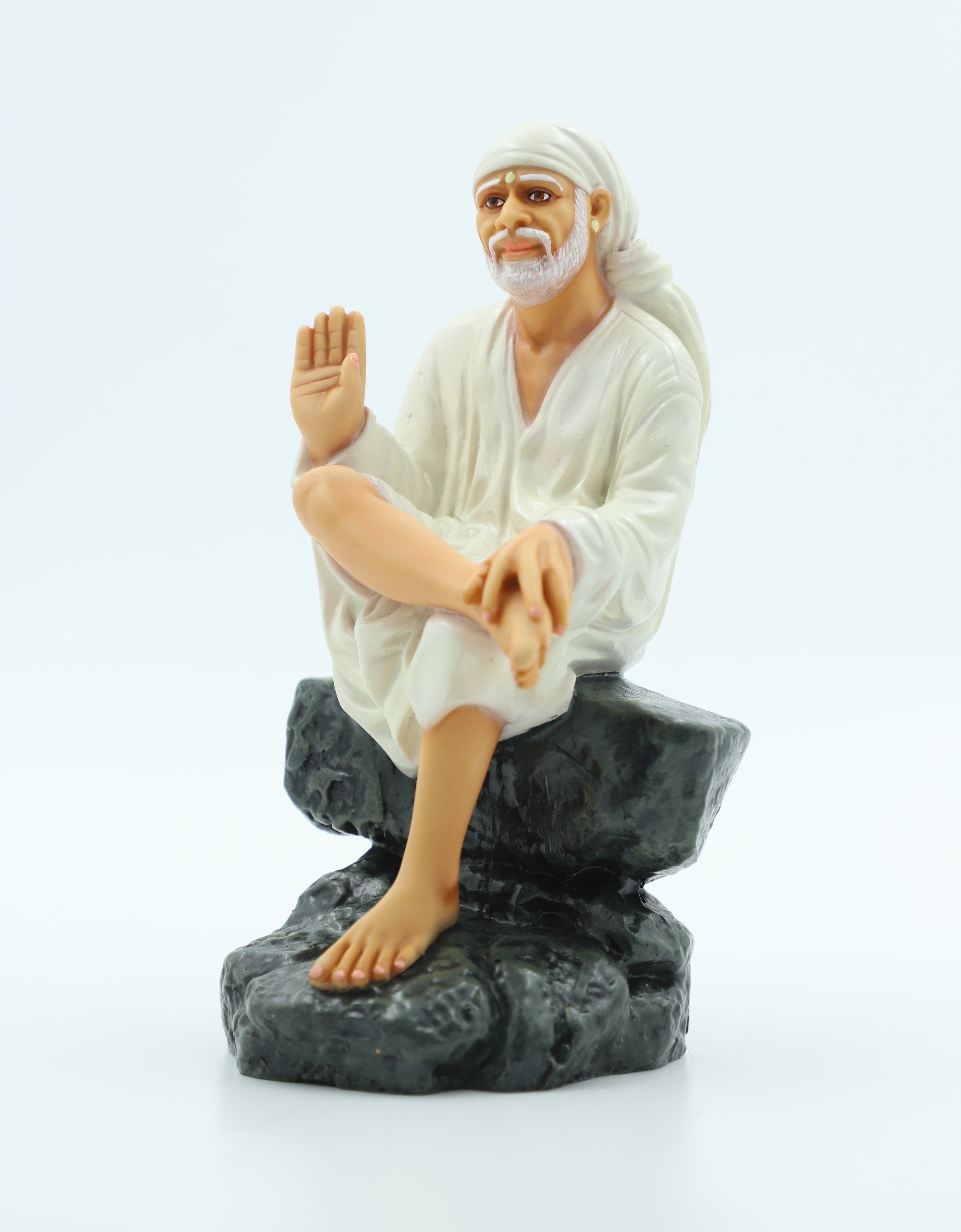 🙏 Hemant Art Shirdi Sai Baba Idol🛕 – Sitting on Stone, Aashirwad Hand – 6.5 Inch (White ), Handcrafted Resin Murti