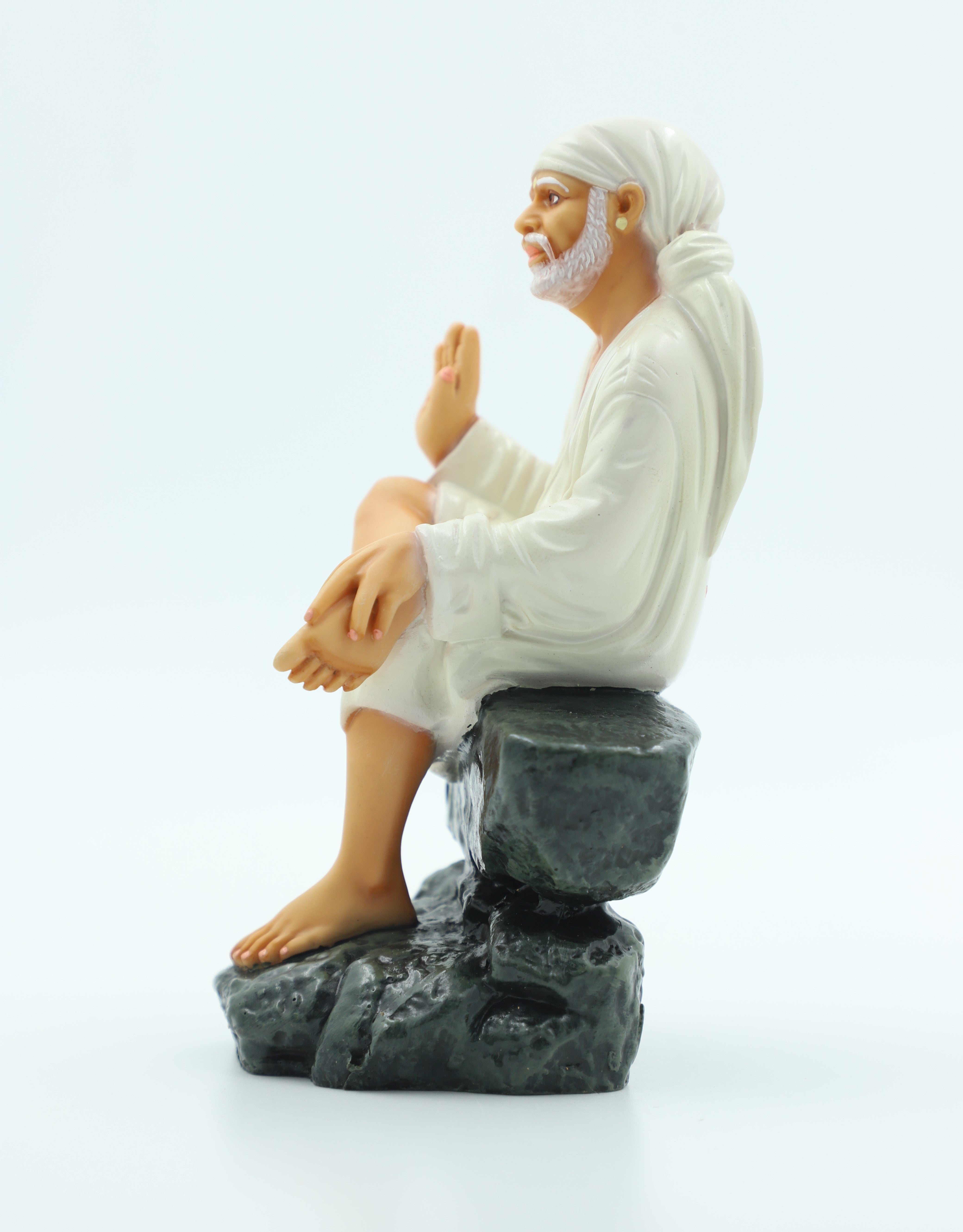 🙏 Hemant Art Shirdi Sai Baba Idol🛕 – Sitting on Stone, Aashirwad Hand – 6.5 Inch (White ), Handcrafted Resin Murti