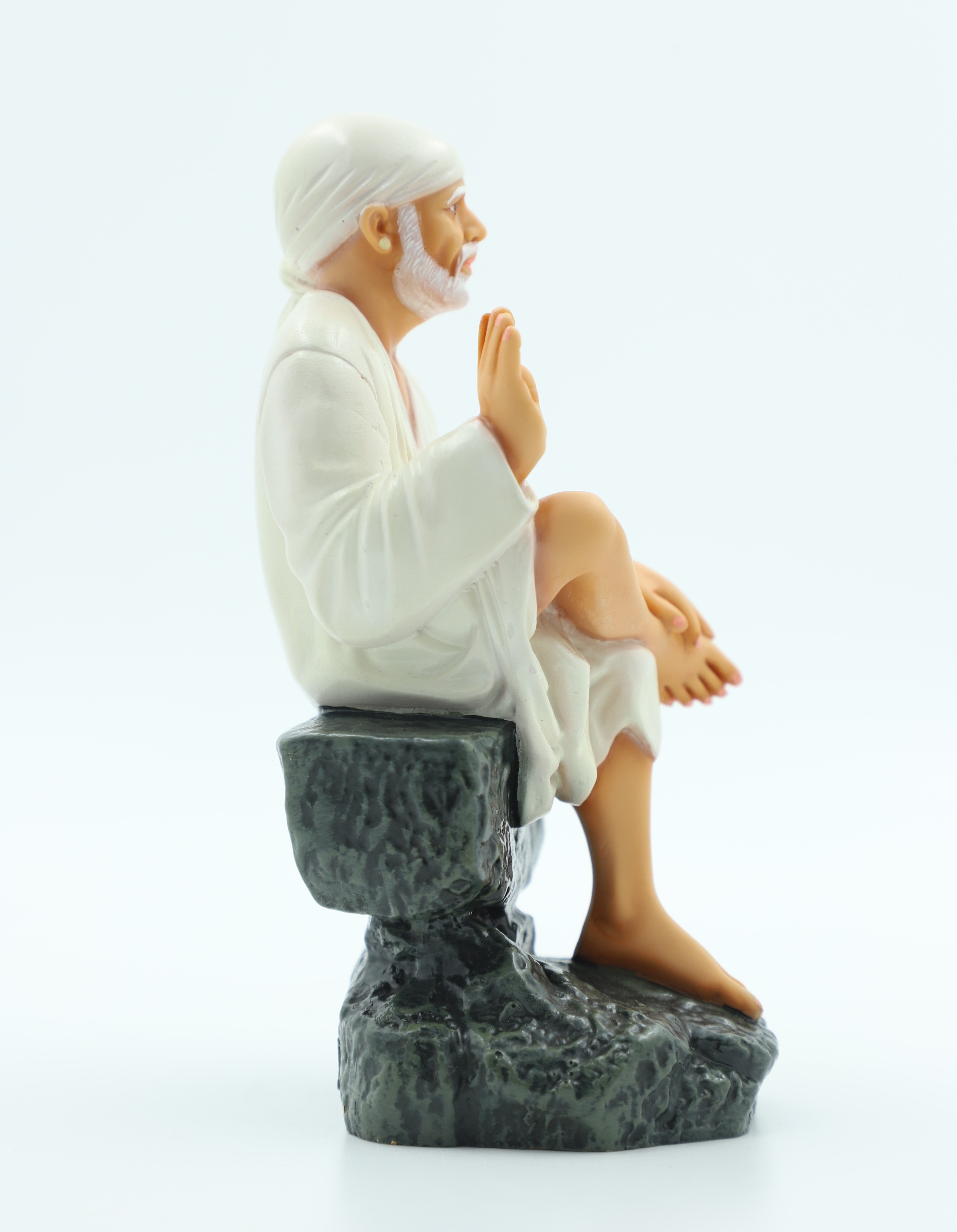 🙏 Hemant Art Shirdi Sai Baba Idol🛕 – Sitting on Stone, Aashirwad Hand – 6.5 Inch (White ), Handcrafted Resin Murti