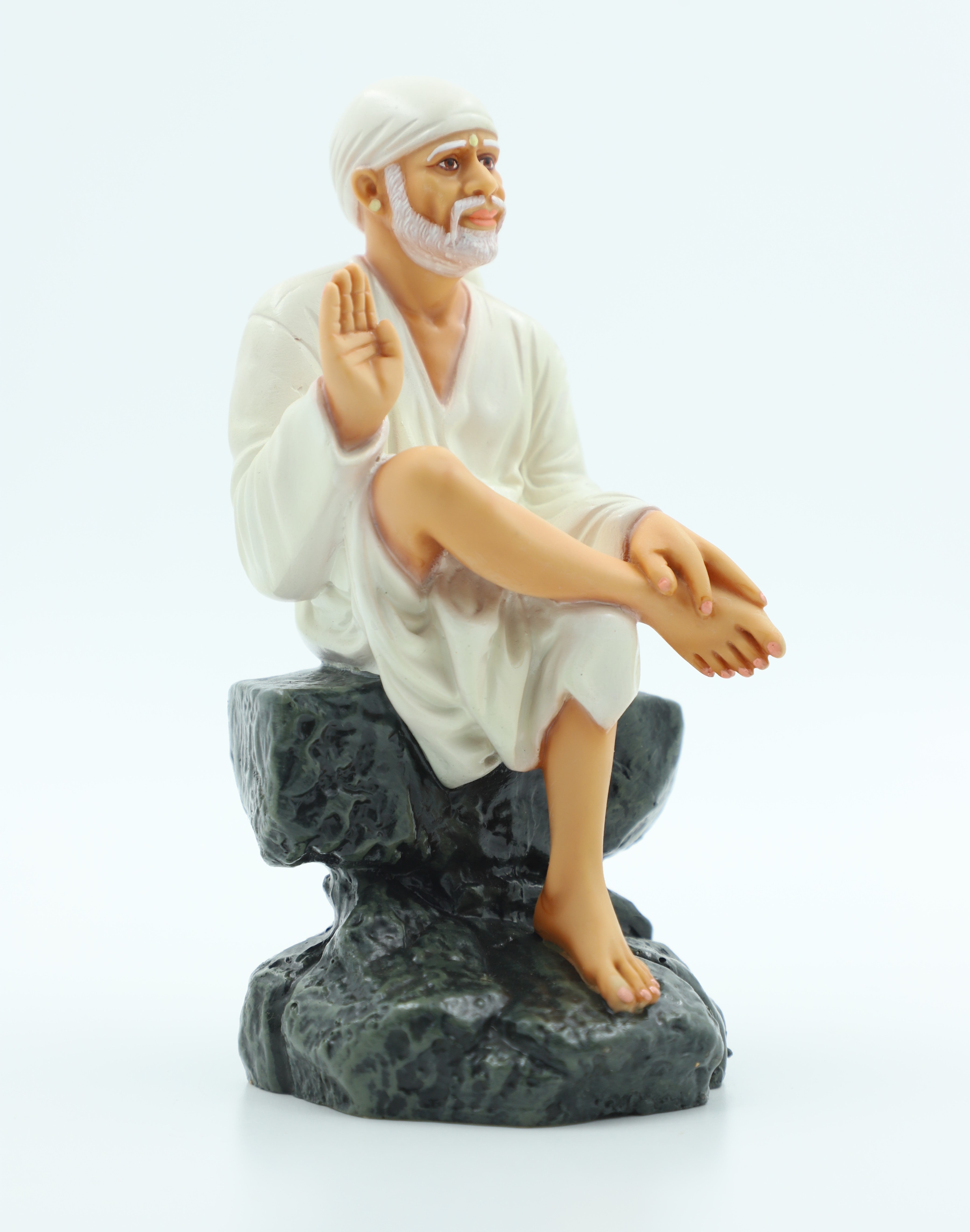 🙏 Hemant Art Shirdi Sai Baba Idol🛕 – Sitting on Stone, Aashirwad Hand – 6.5 Inch (White ), Handcrafted Resin Murti
