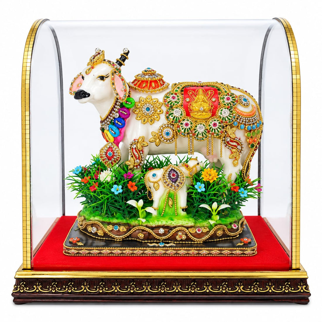 Kamdhenu Cow and Calf Idol with Glass Dome