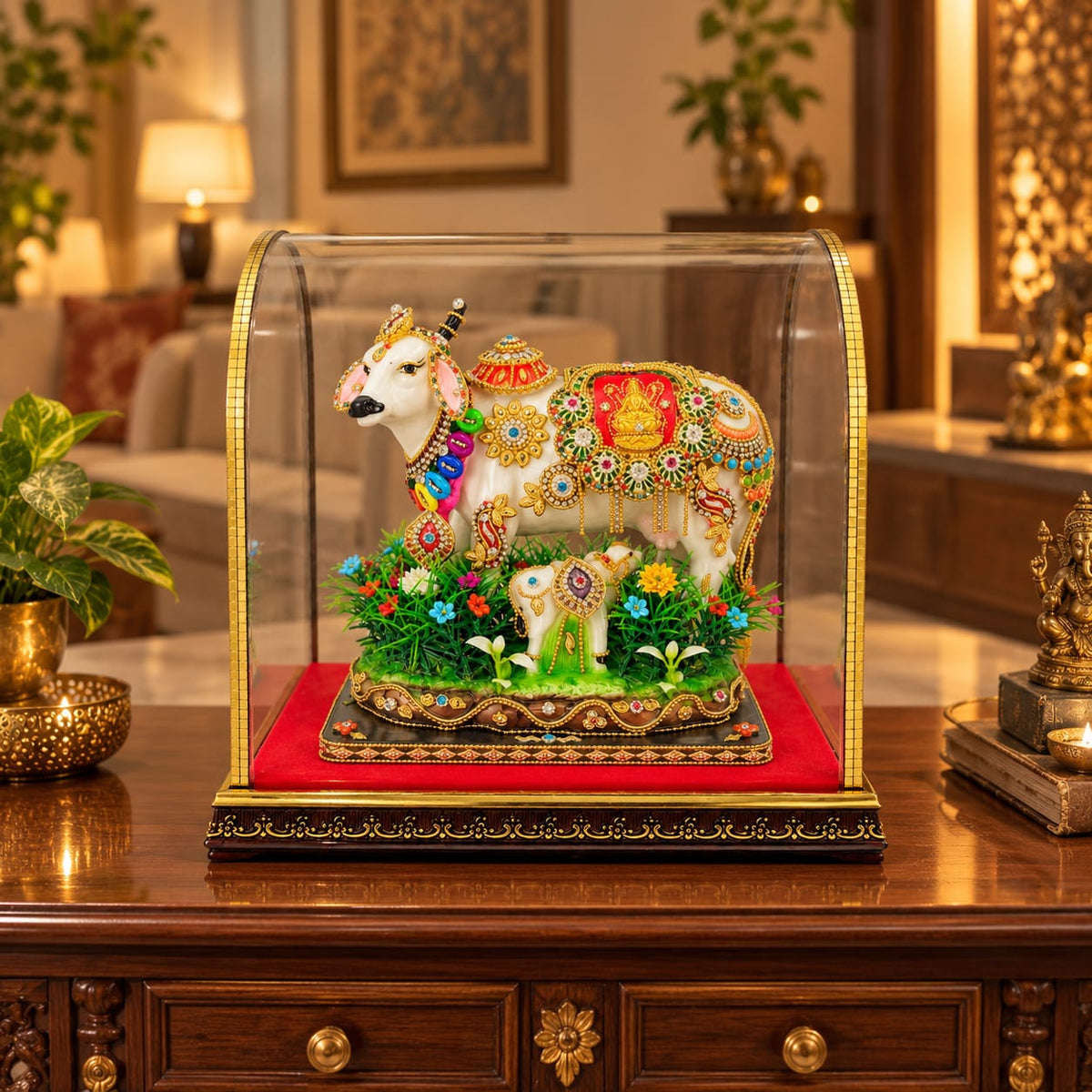 Kamdhenu Cow and Calf Idol with Glass Dome