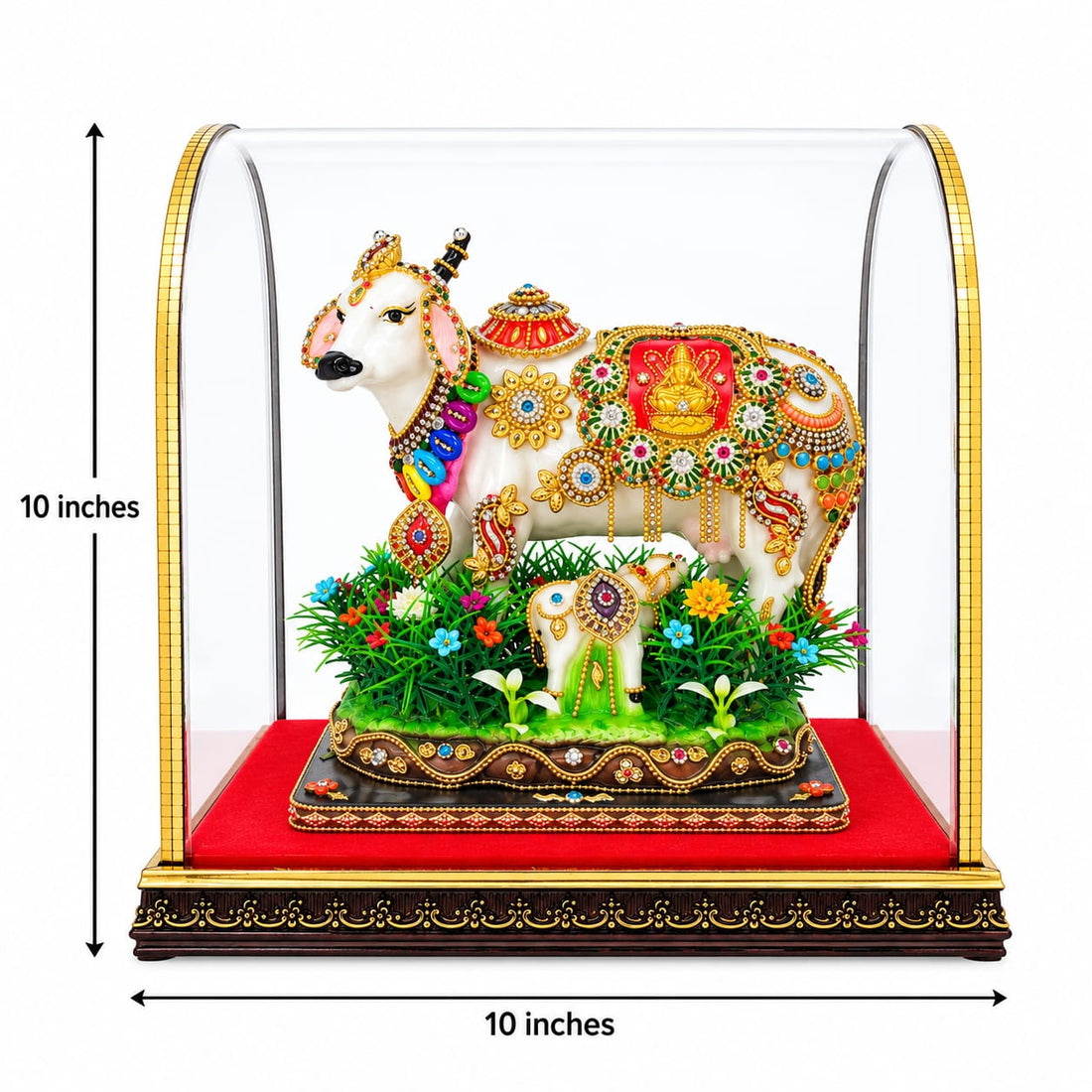 Kamdhenu Cow and Calf Idol with Glass Dome