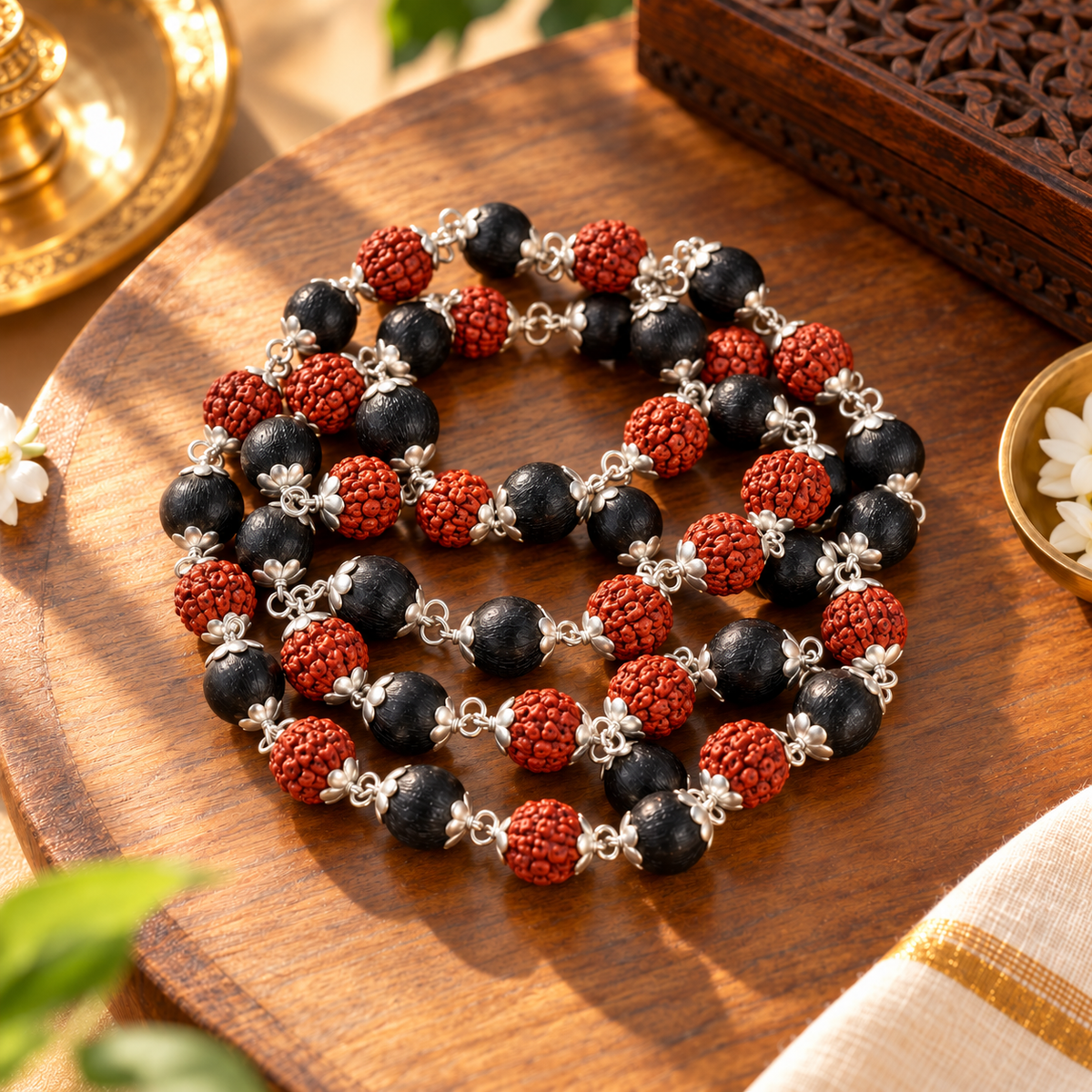 Natural Rudraksha & Karungali Mala Silver