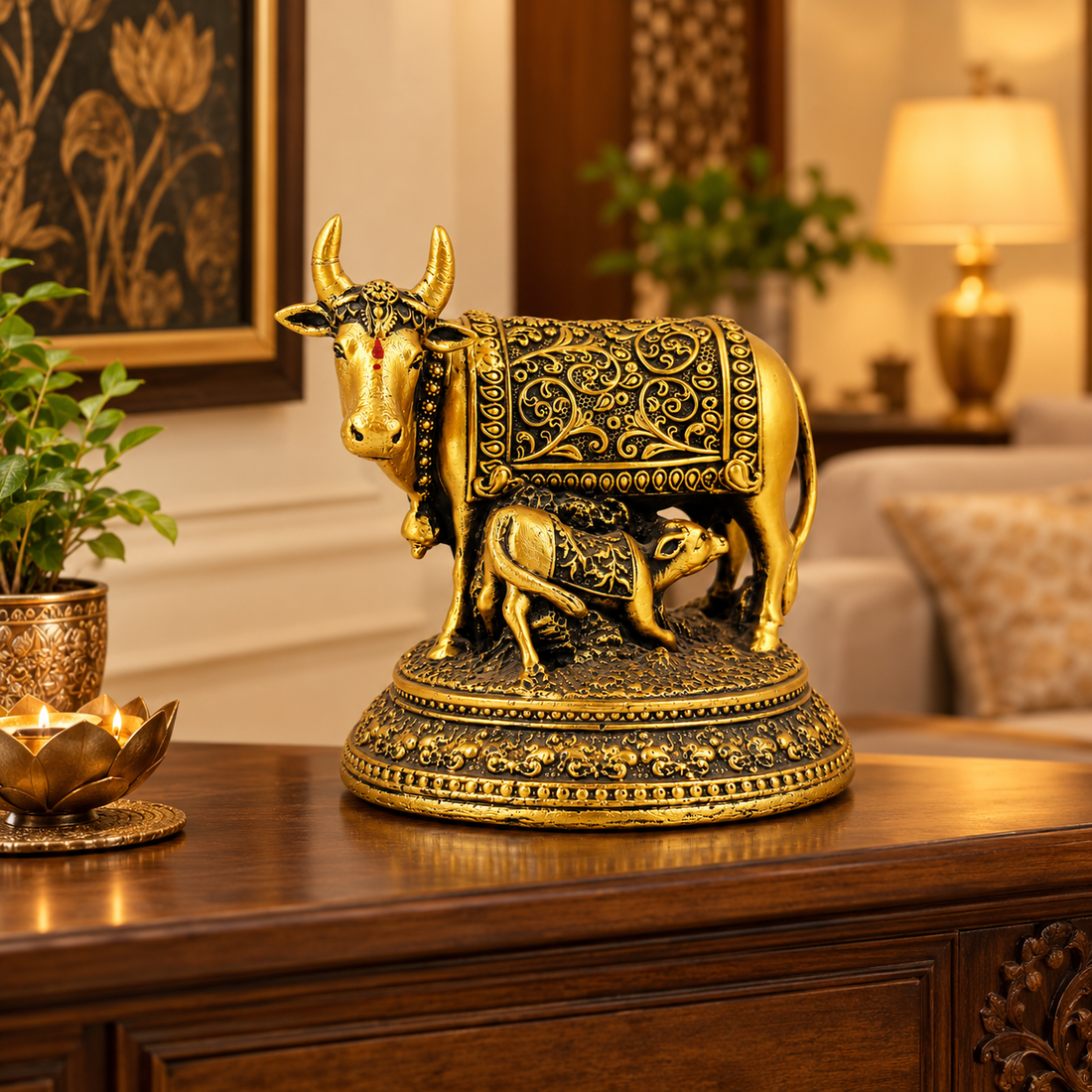 Golden Kamadhenu Cow & Calf Fibre Statue | Hemant Art