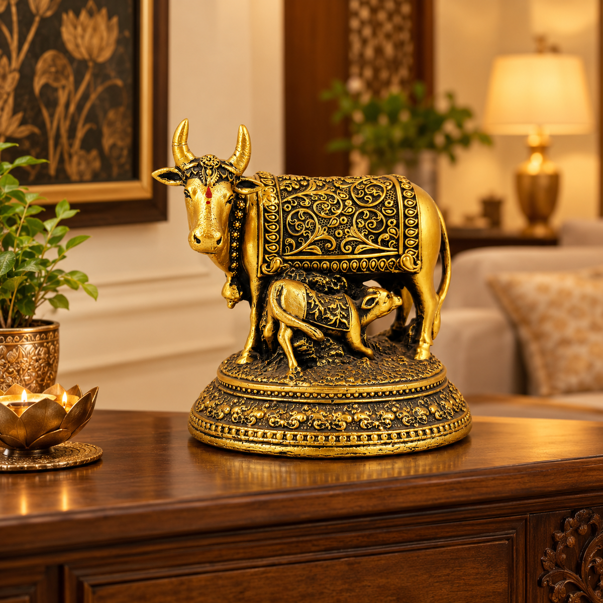 Golden Kamadhenu Cow & Calf Fibre Statue | Hemant Art