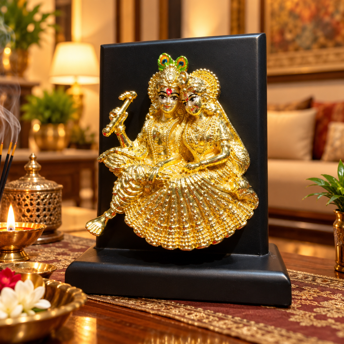 Radha Krishna Gold Wooden Stand Idol