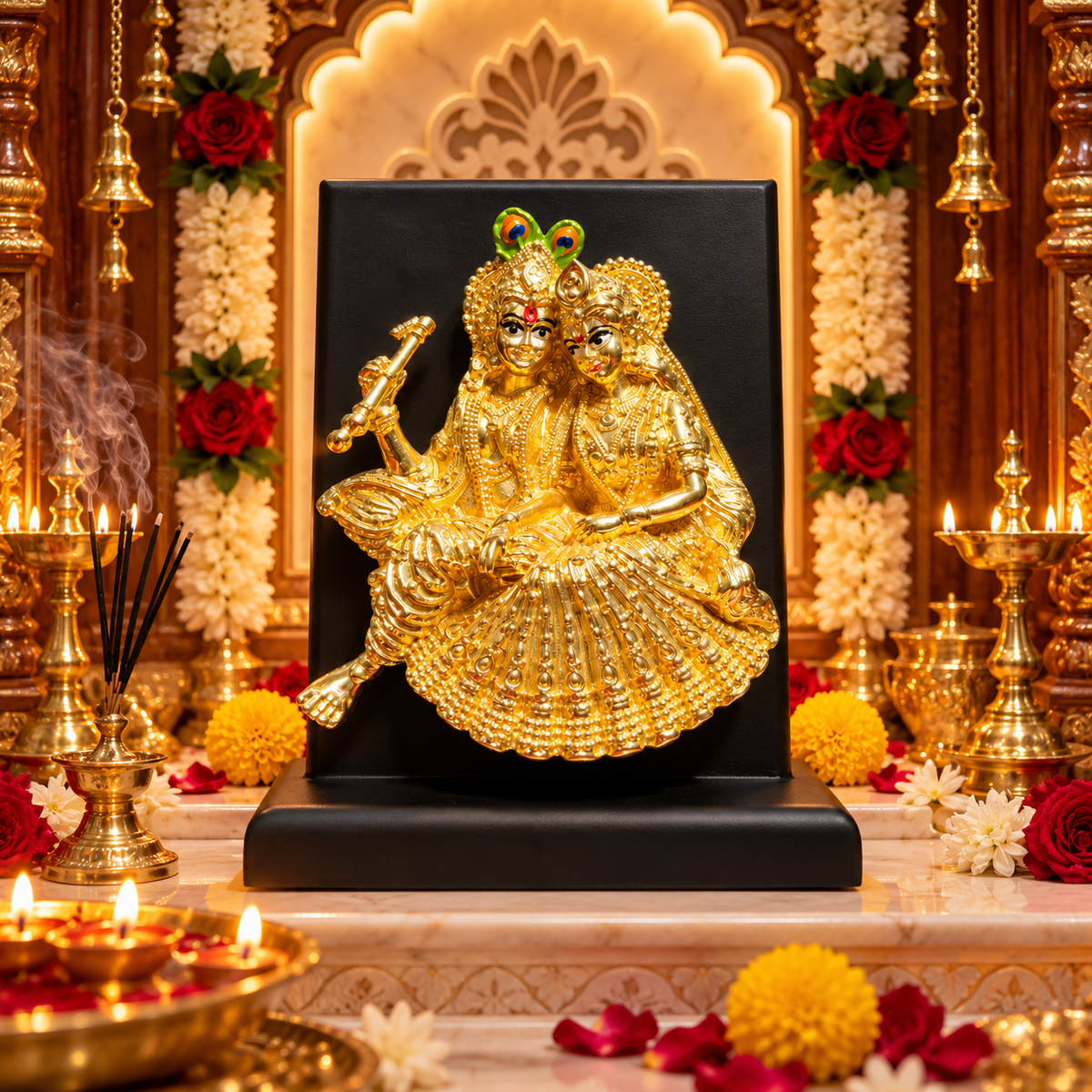 Radha Krishna Gold Wooden Stand Idol