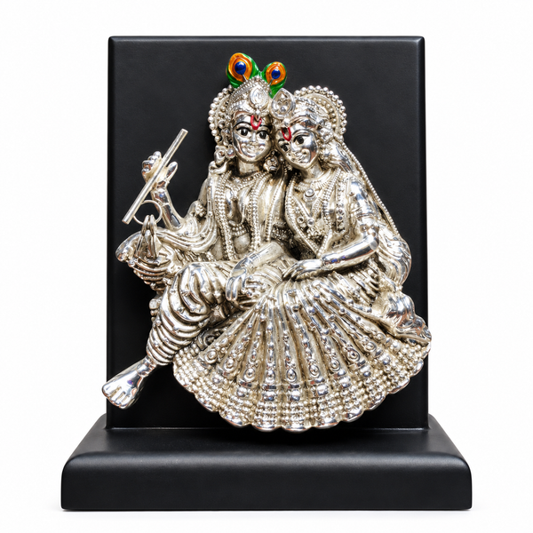 Radha Krishna Silver Wooden Stand Idol