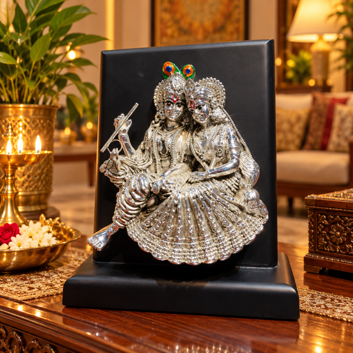 Radha Krishna Silver Wooden Stand Idol