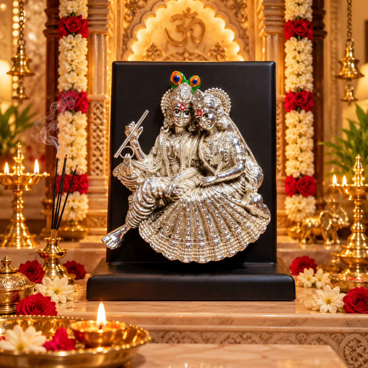 Radha Krishna Silver Wooden Stand Idol