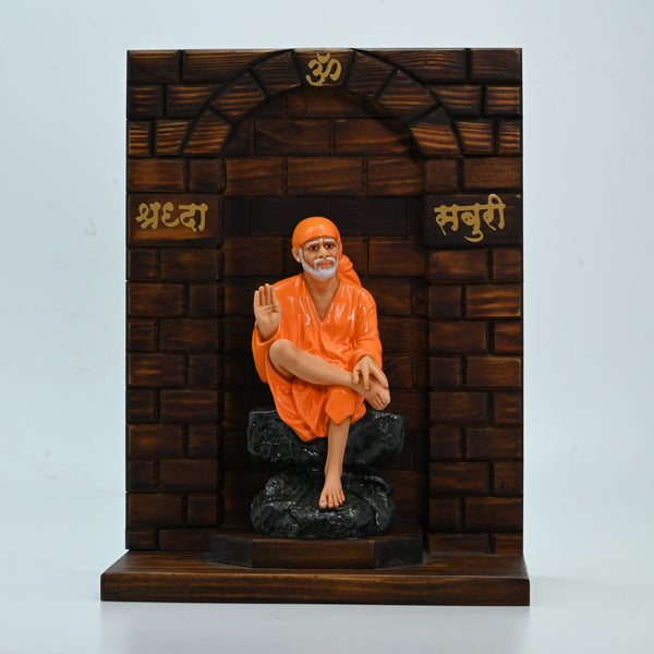 Sai Baba Statue with Wooden Stand – Ashirwad Orange Hemant Art