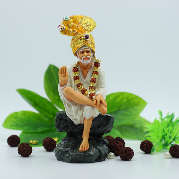 Sai Baba Idol Sitting on Stone, Aashirwad Hand – White 6.5 Inch Hemant Art