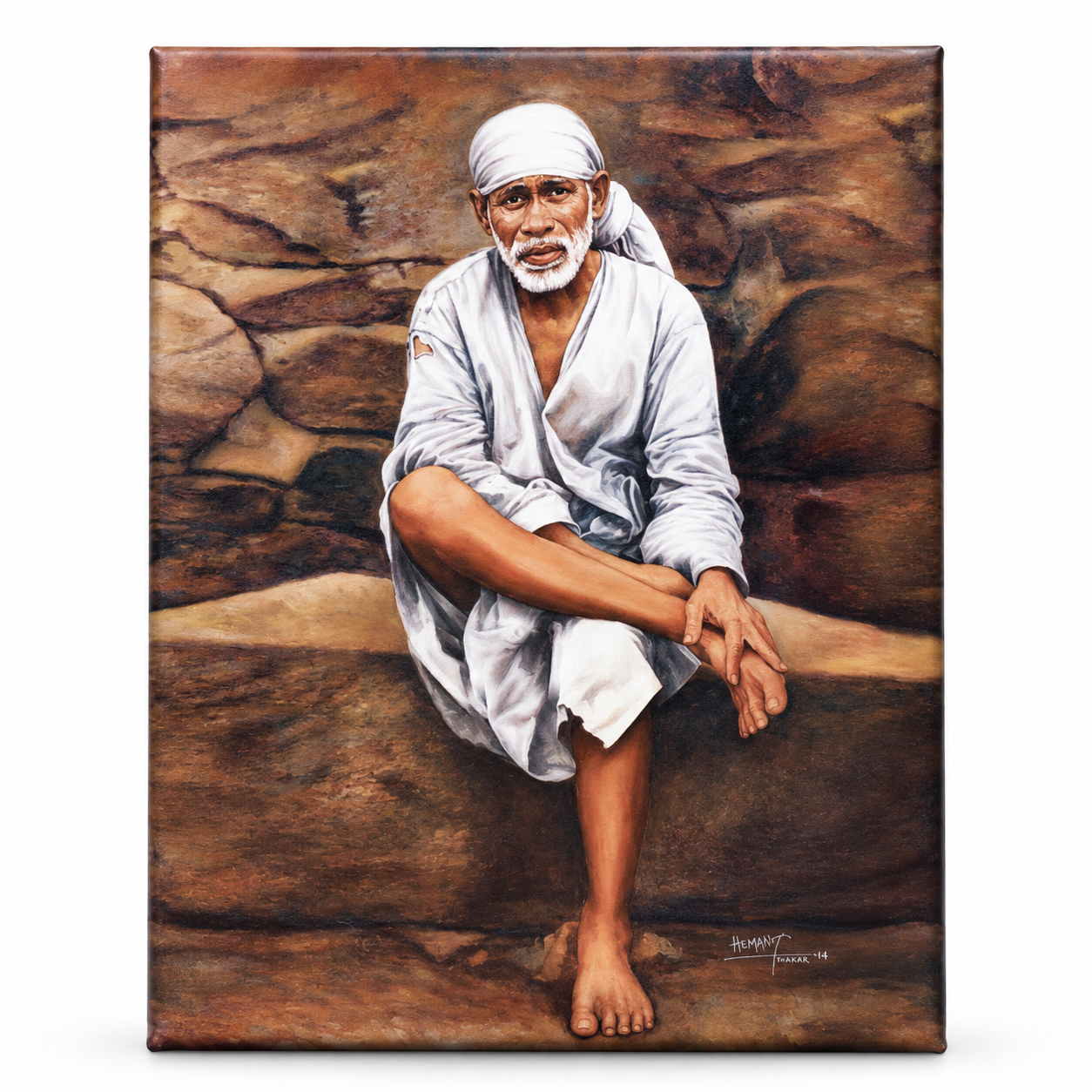Sai Baba Original Photo Sitting on Stone Canvas Reprint | Hemant Art