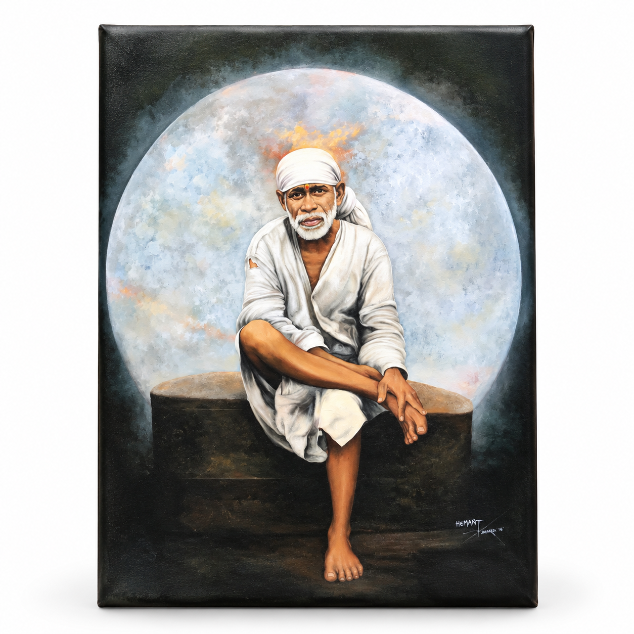 Sai Baba Original Photo Sitting on Stone Canvas Painting | Hemant Art
