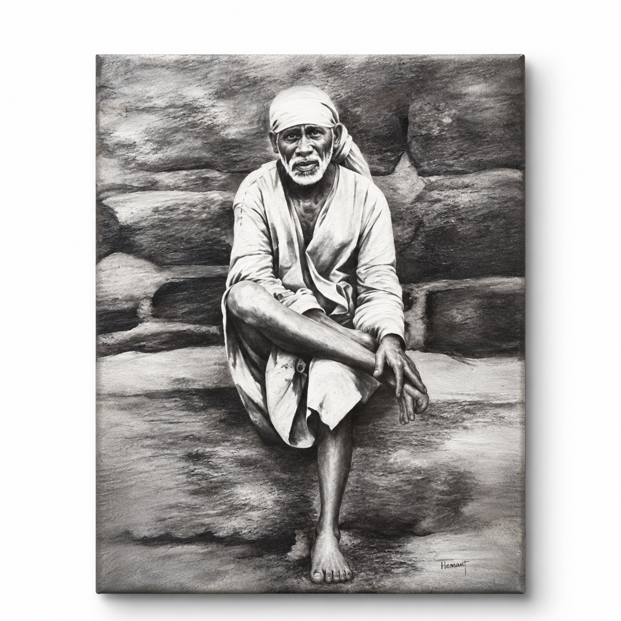 Sai Baba Original Photo Sitting on Stone Canvas Painting | Hemant Art