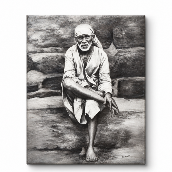 Sai Baba Original Photo Sitting on Stone Canvas Painting | Hemant Art